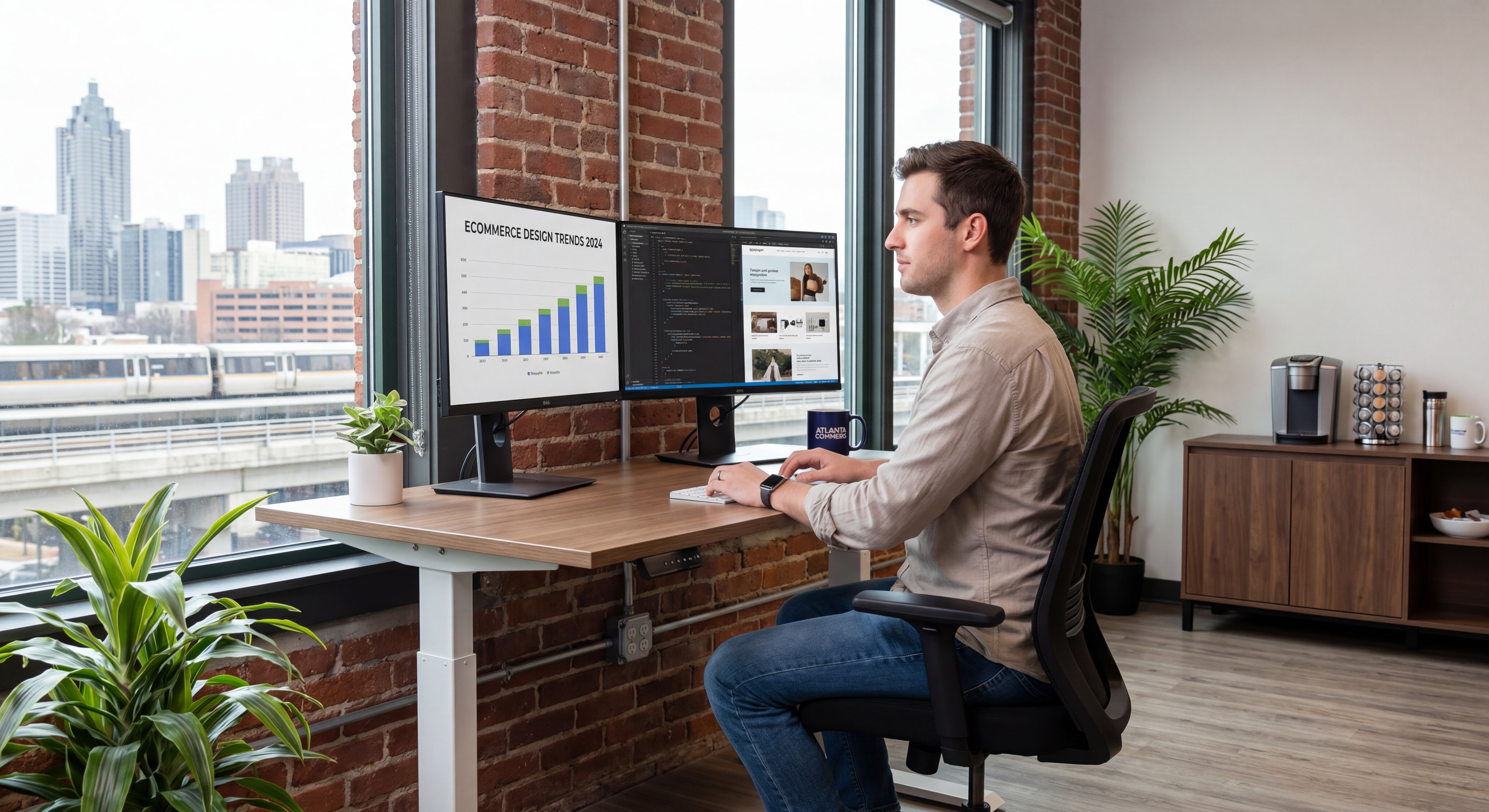 Shopify developer Atlanta expert analyzing ecommerce web design trends on dual monitors in a modern Atlanta office