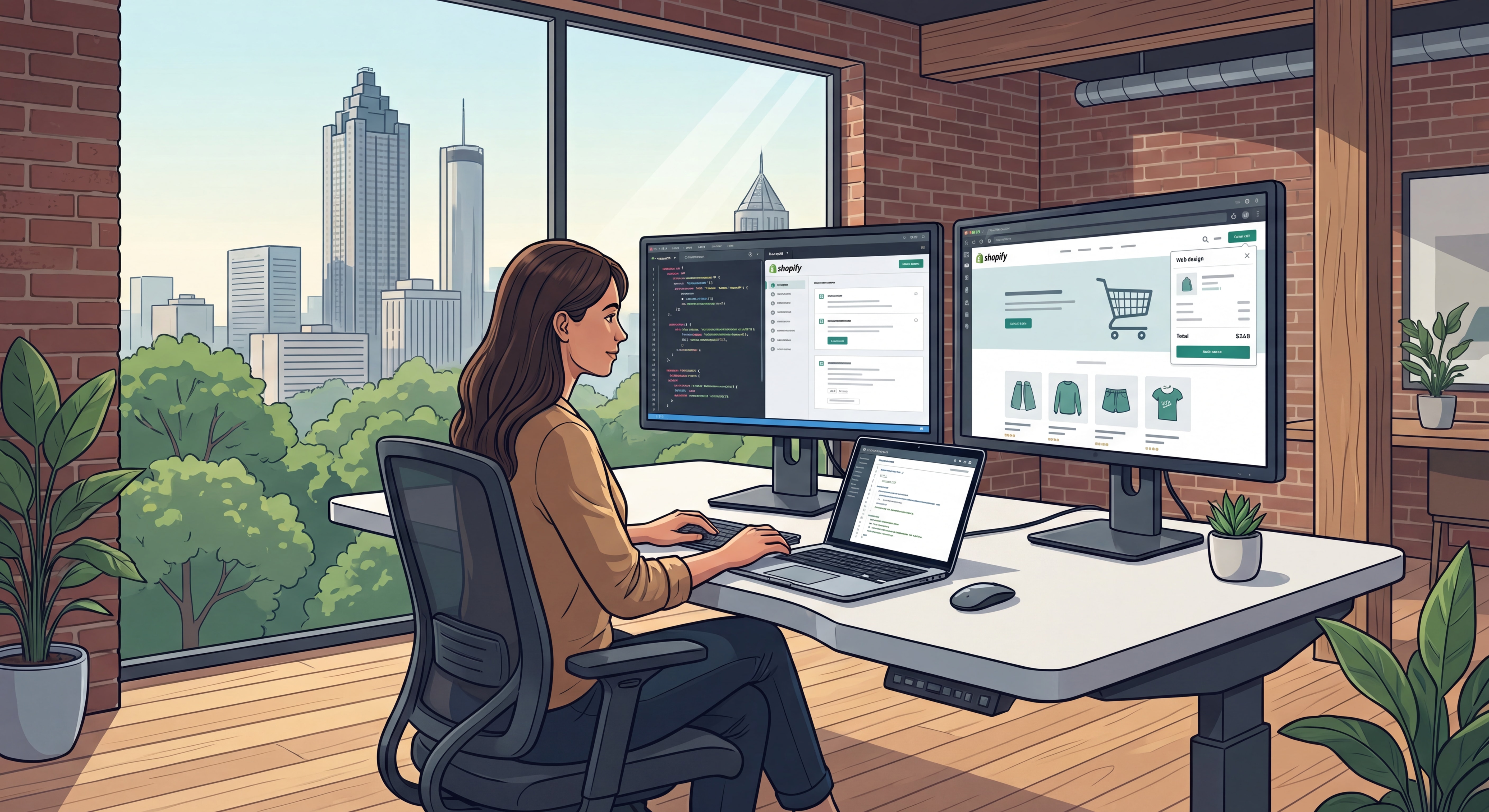 Shopify developer Atlanta working on ecommerce web design on dual monitors in a modern office