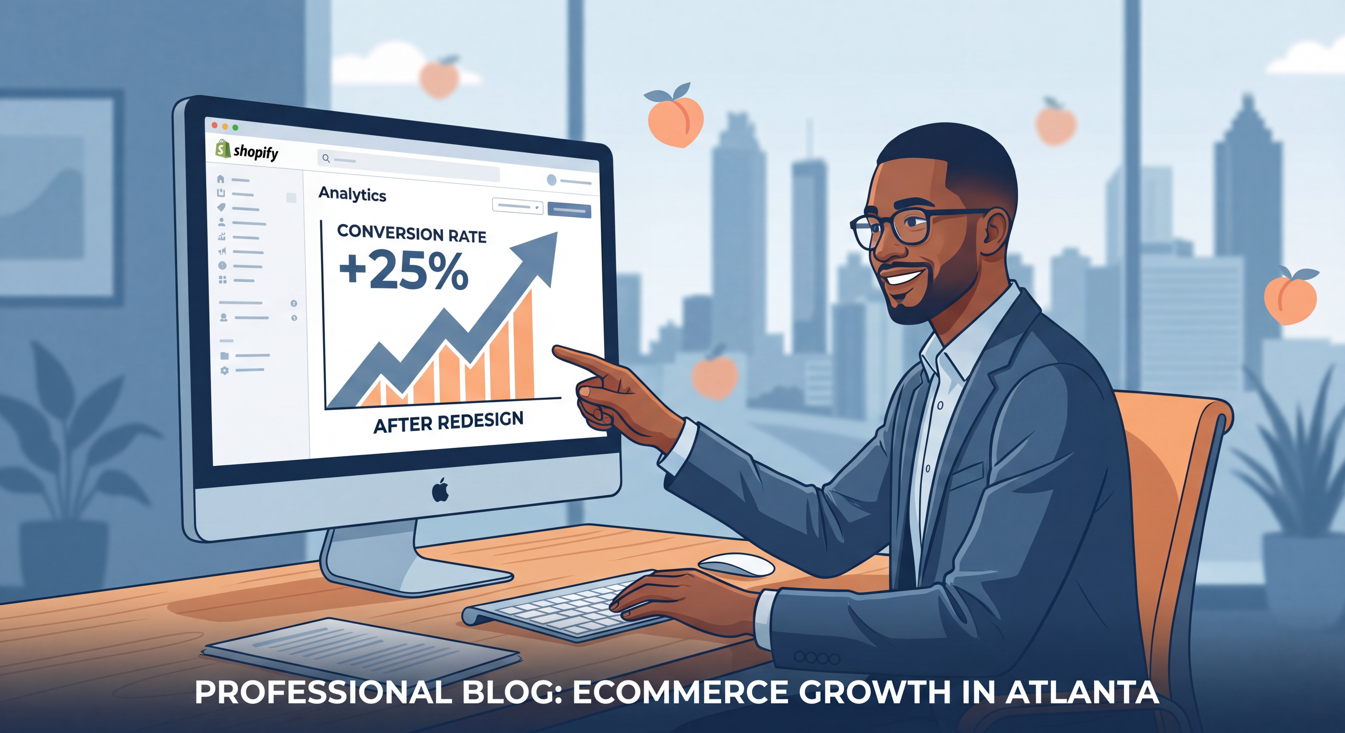 Atlanta ecommerce brand owner reviewing Shopify analytics dashboard showing conversion rate growth after website development