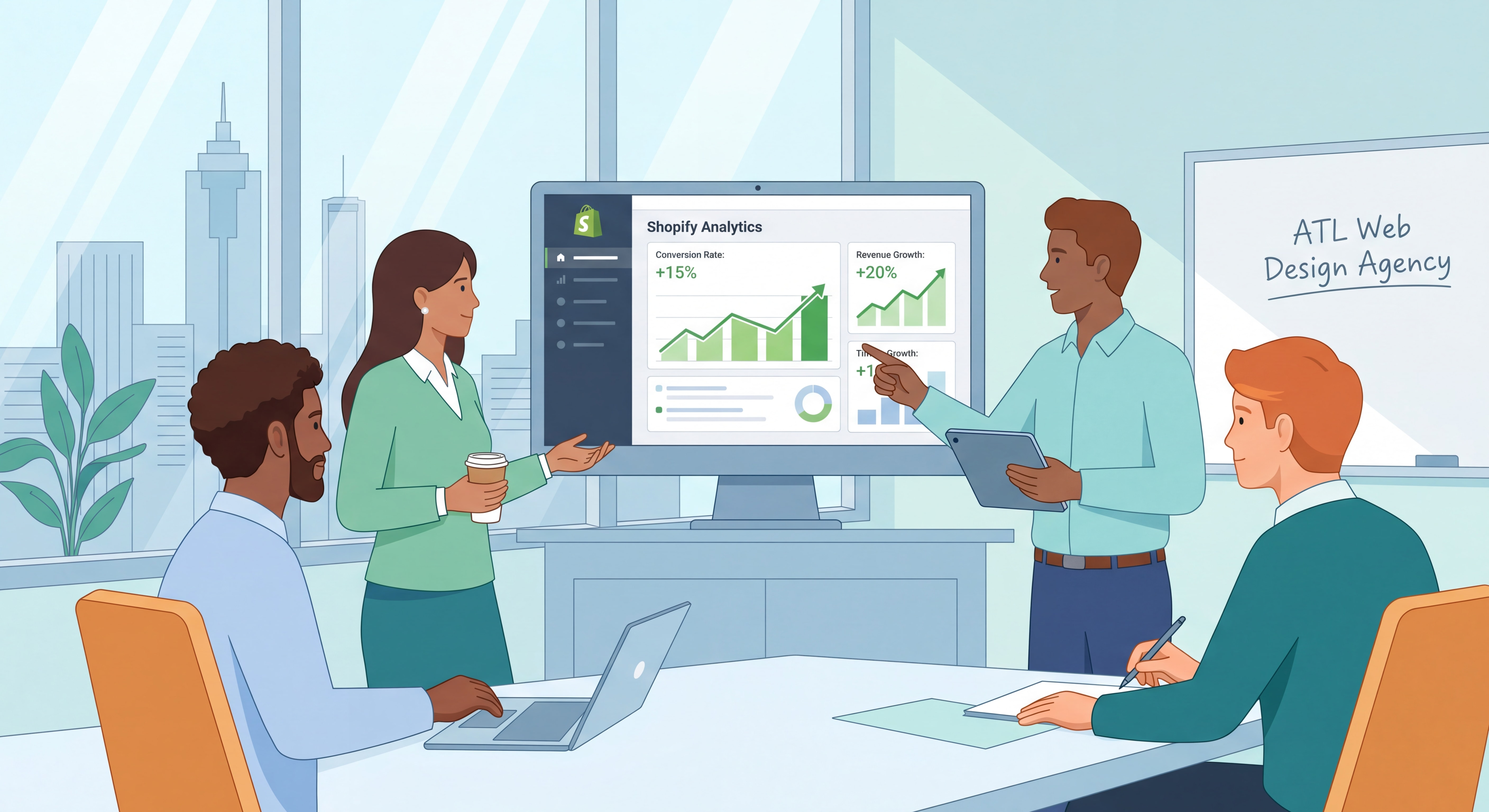 Atlanta ecommerce web design agency team reviewing Shopify analytics dashboard showing conversion rate improvements and revenue growth