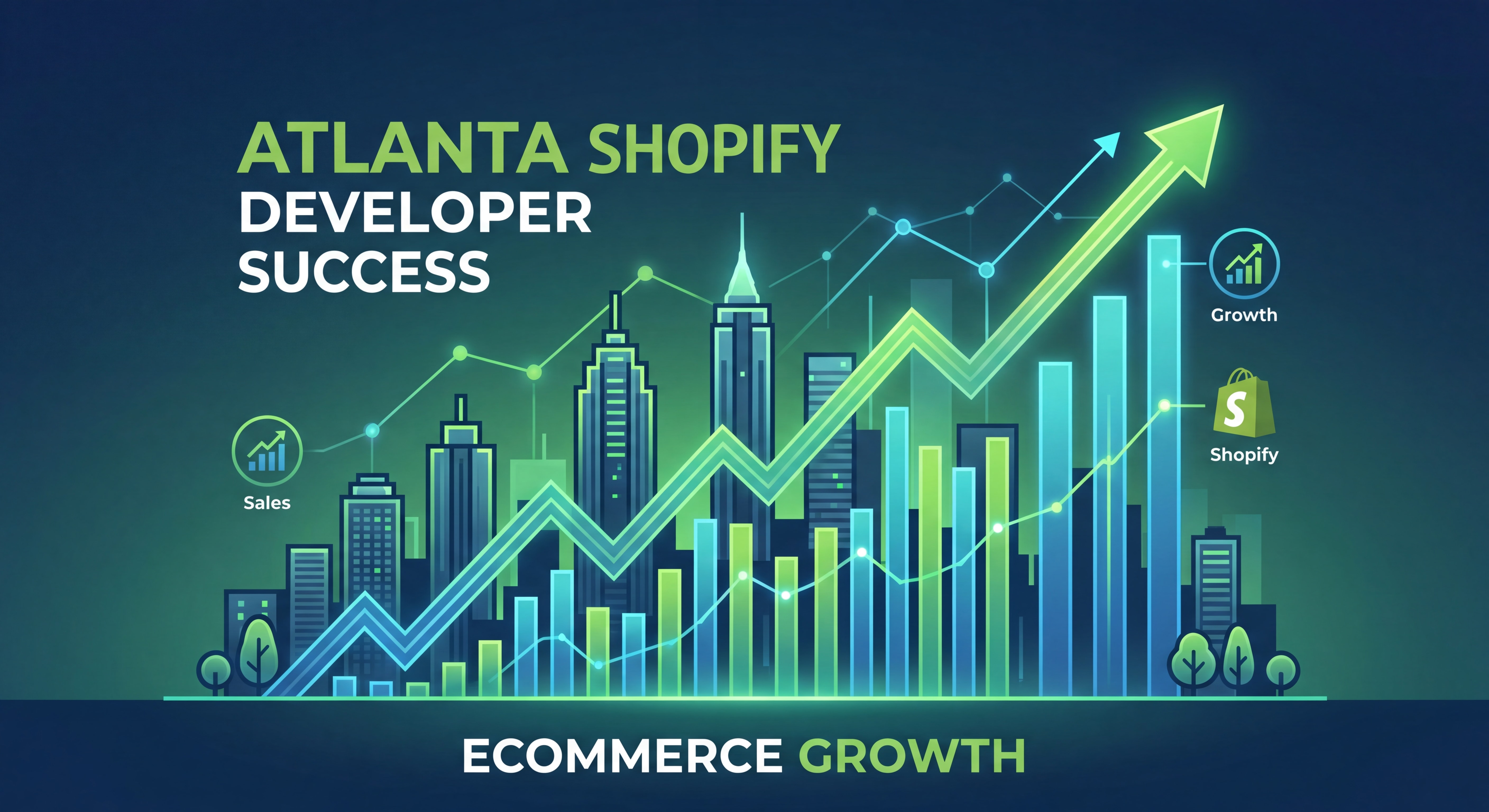 Atlanta skyline with ecommerce growth charts overlay representing Shopify developer success in Atlanta Georgia
