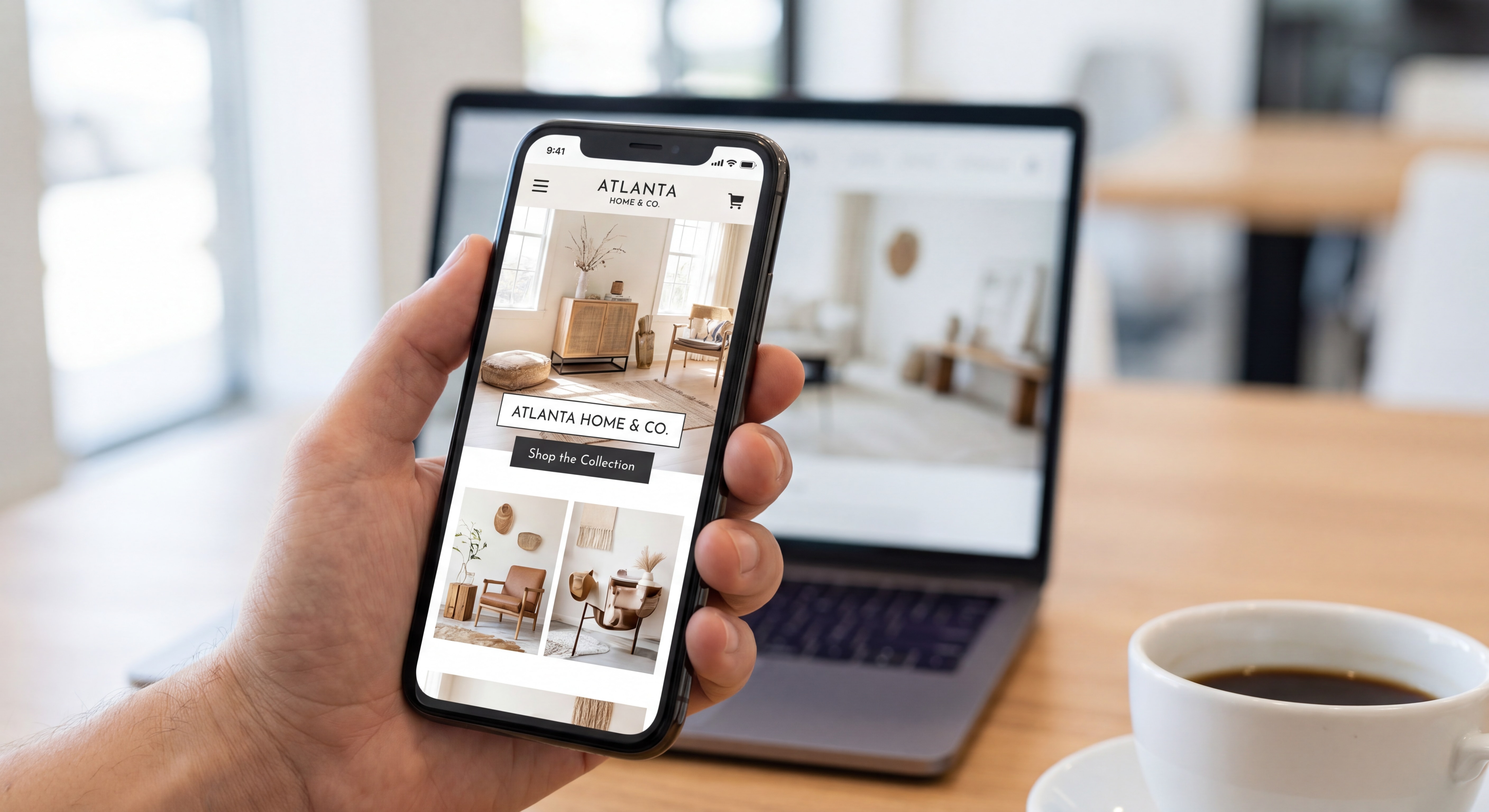 Mobile-optimized Shopify ecommerce store for Atlanta home goods retailer showing lookbook-style product pages on smartphone