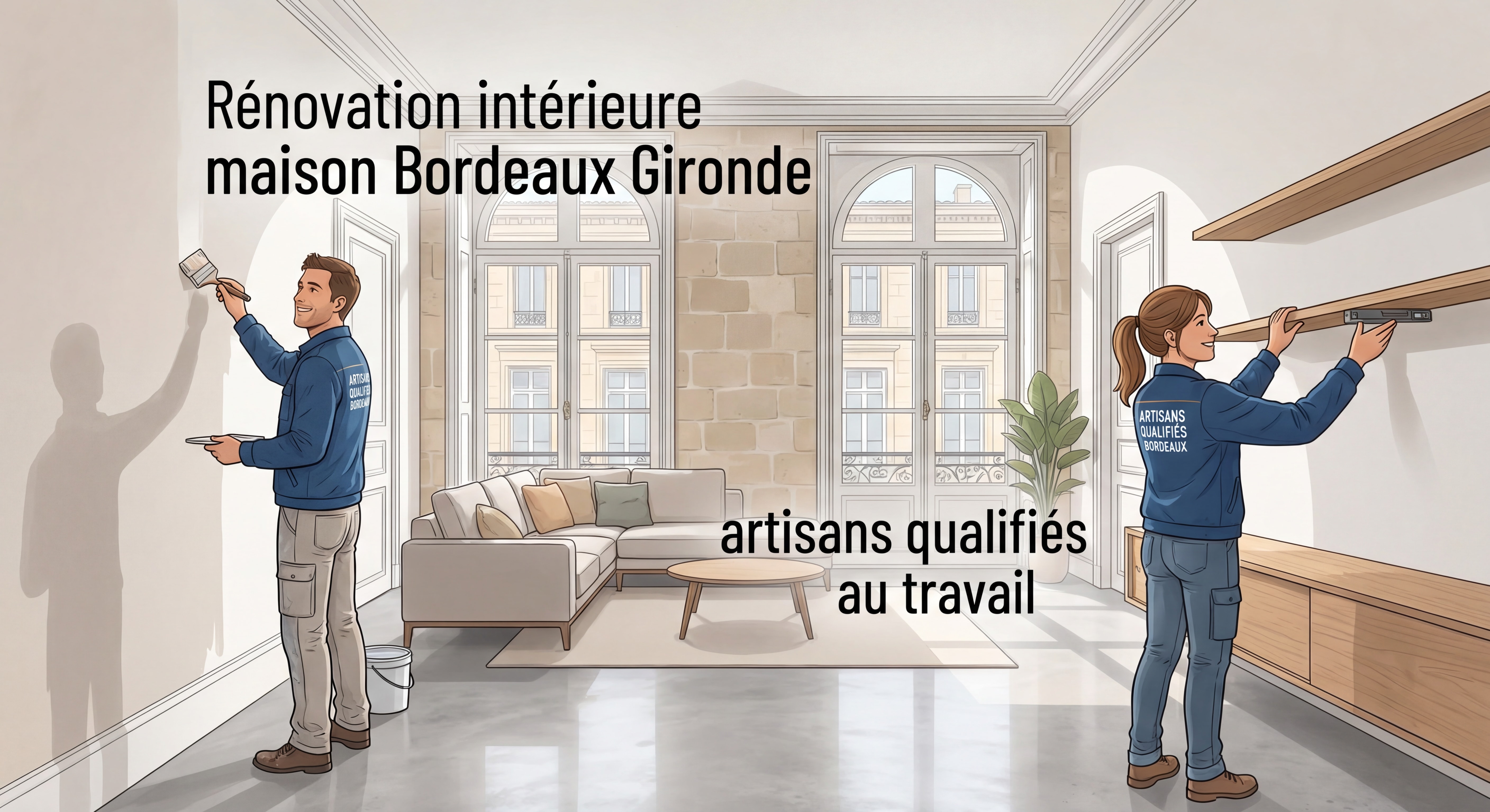 Rénovation intérieure maison Bordeaux Gironde - artisans qualifiés au travail dans une belle pièce rénovée
