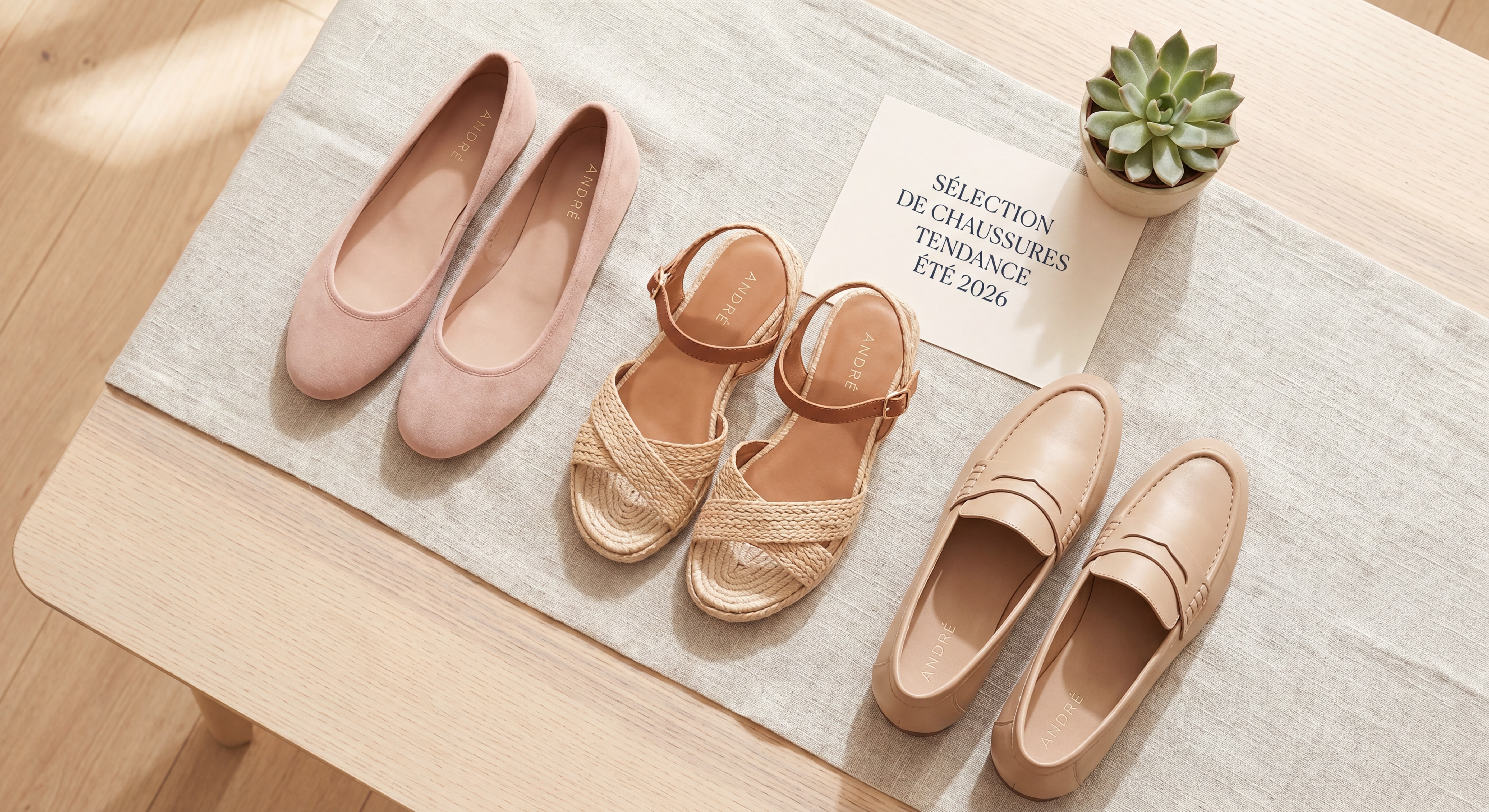 Selection of trendy summer 2026 shoes — ballerinas, Sandals, and loafers set on a light natural background, André shoes universe