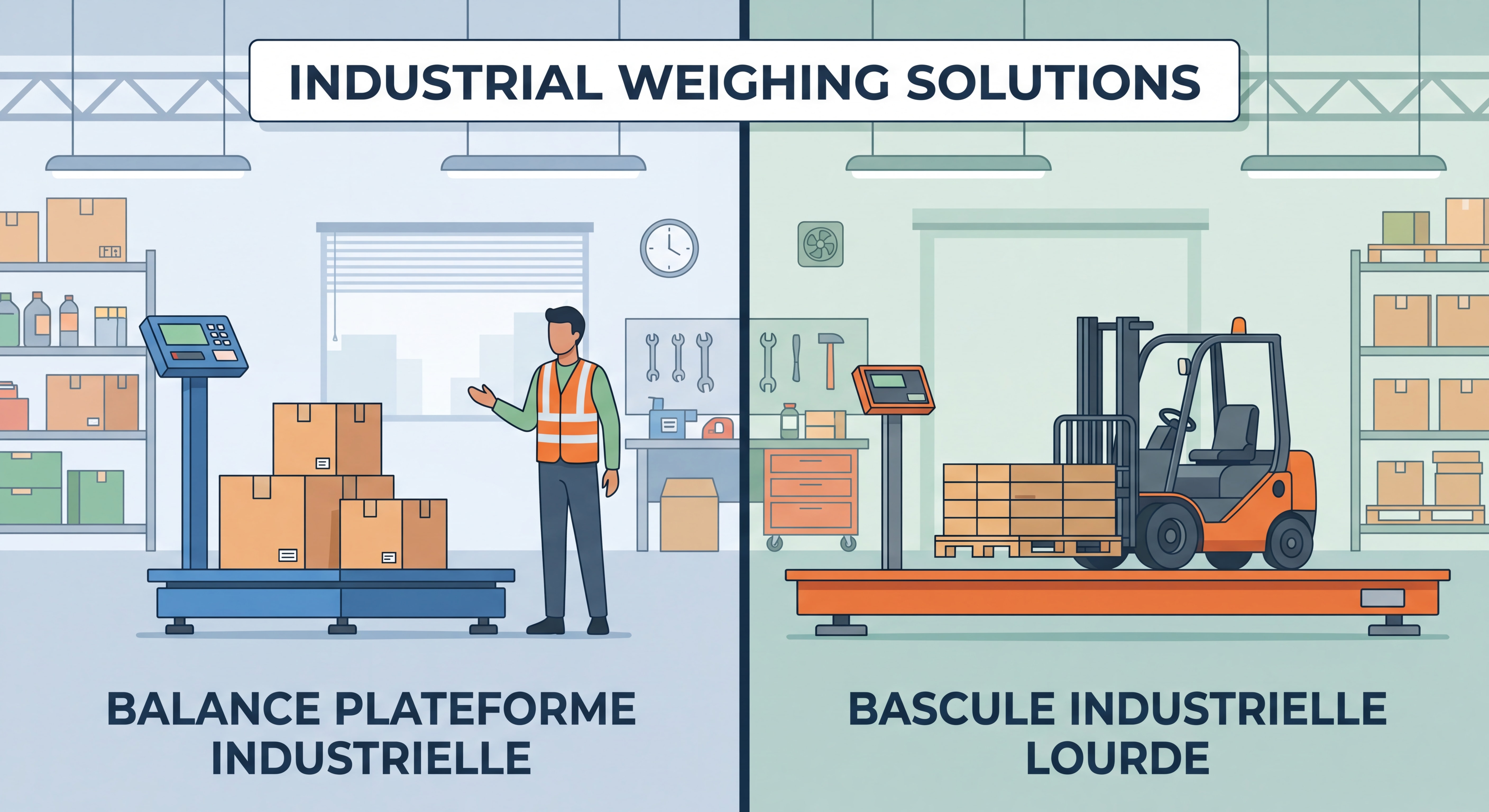 Balance plateforme industrielle à gauche et bascule industrielle lourde à droite, en atelier logistique