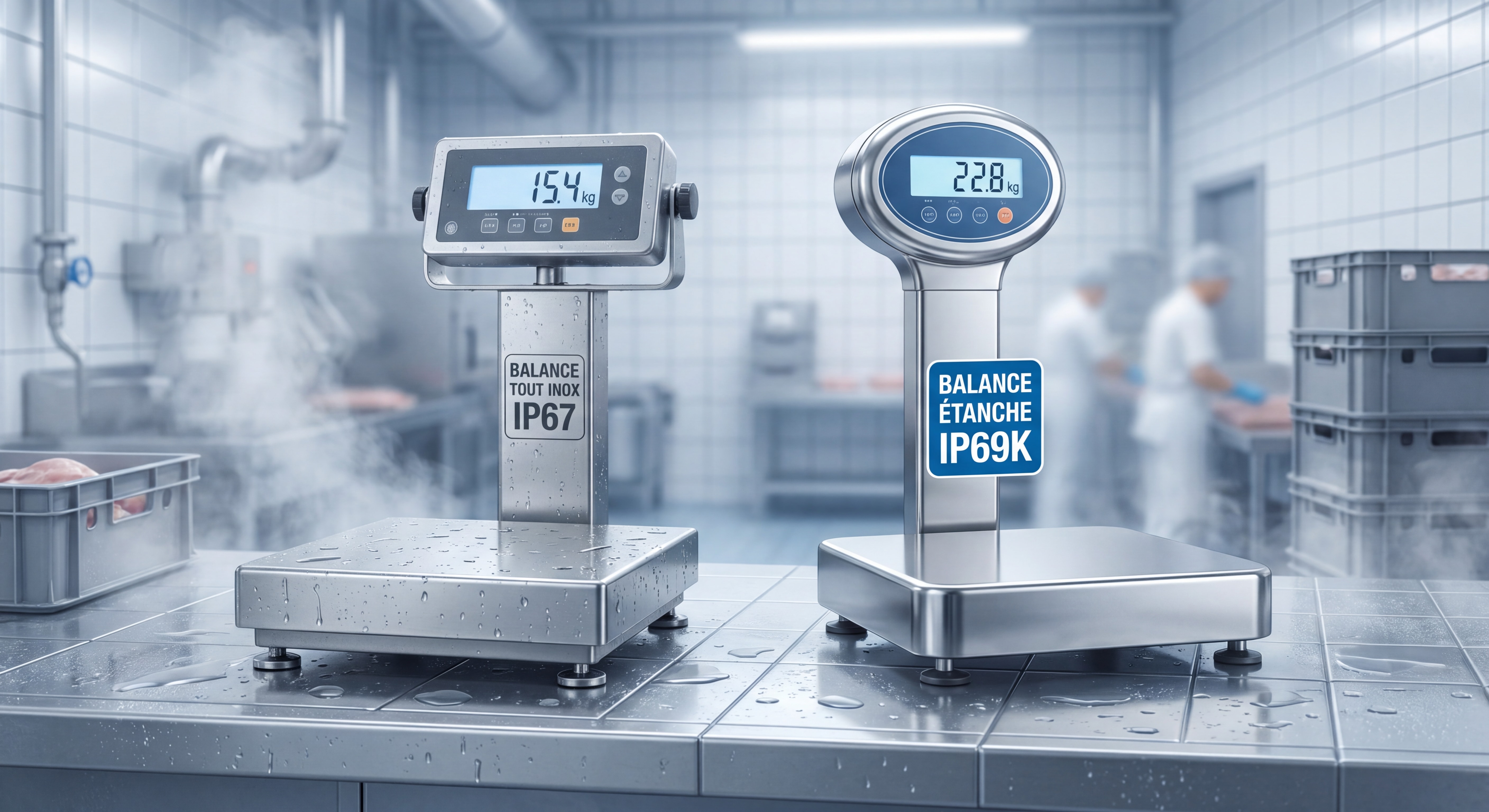 Balance tout inox IP67 à gauche et balance étanche IP69K à droite, dans un environnement agroalimentaire humide