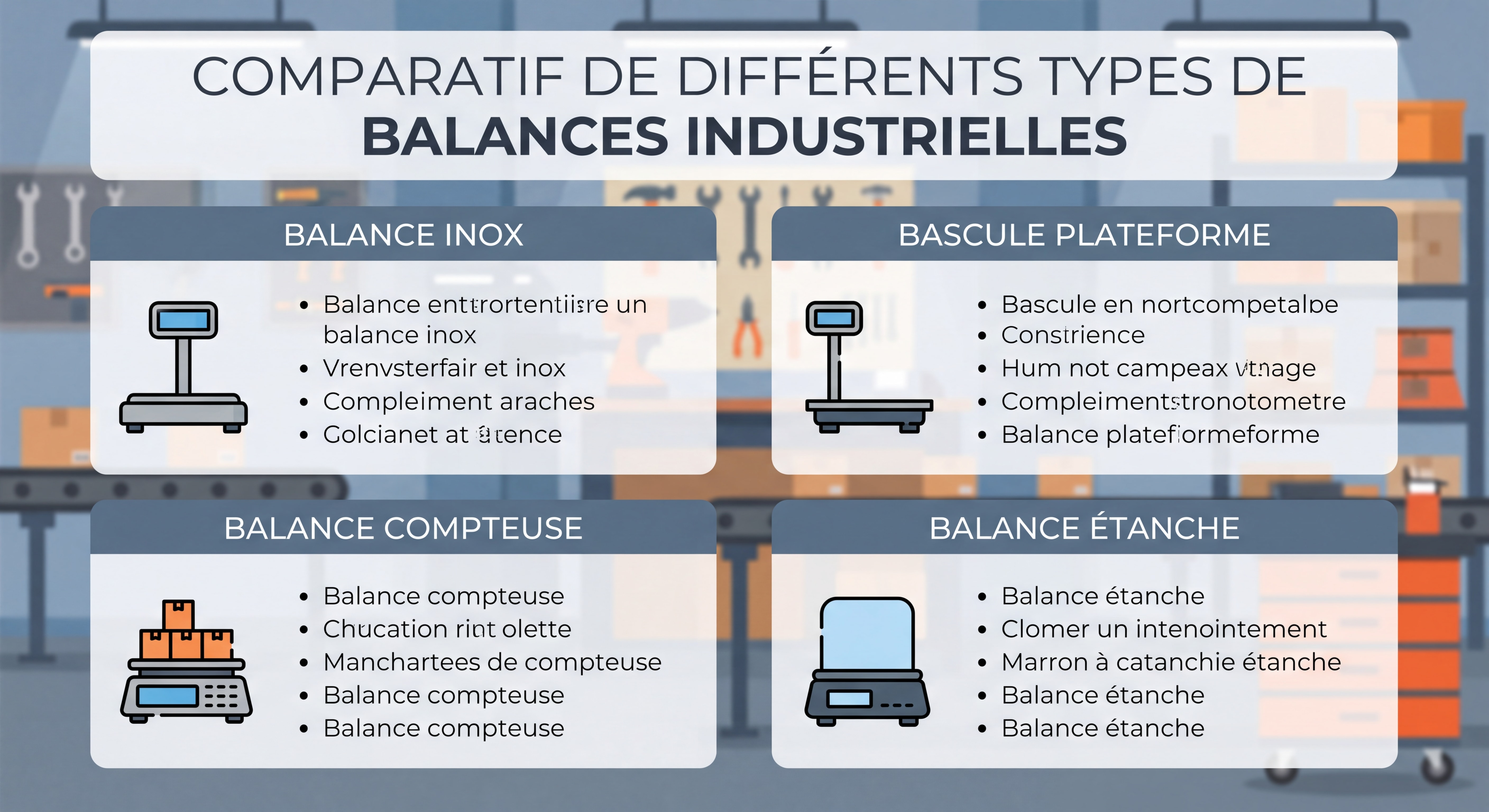 Comparatif de différents types de balances industrielles — balance inox, bascule plateforme, balance compteuse et balance étanche sur fond d'atelier industriel