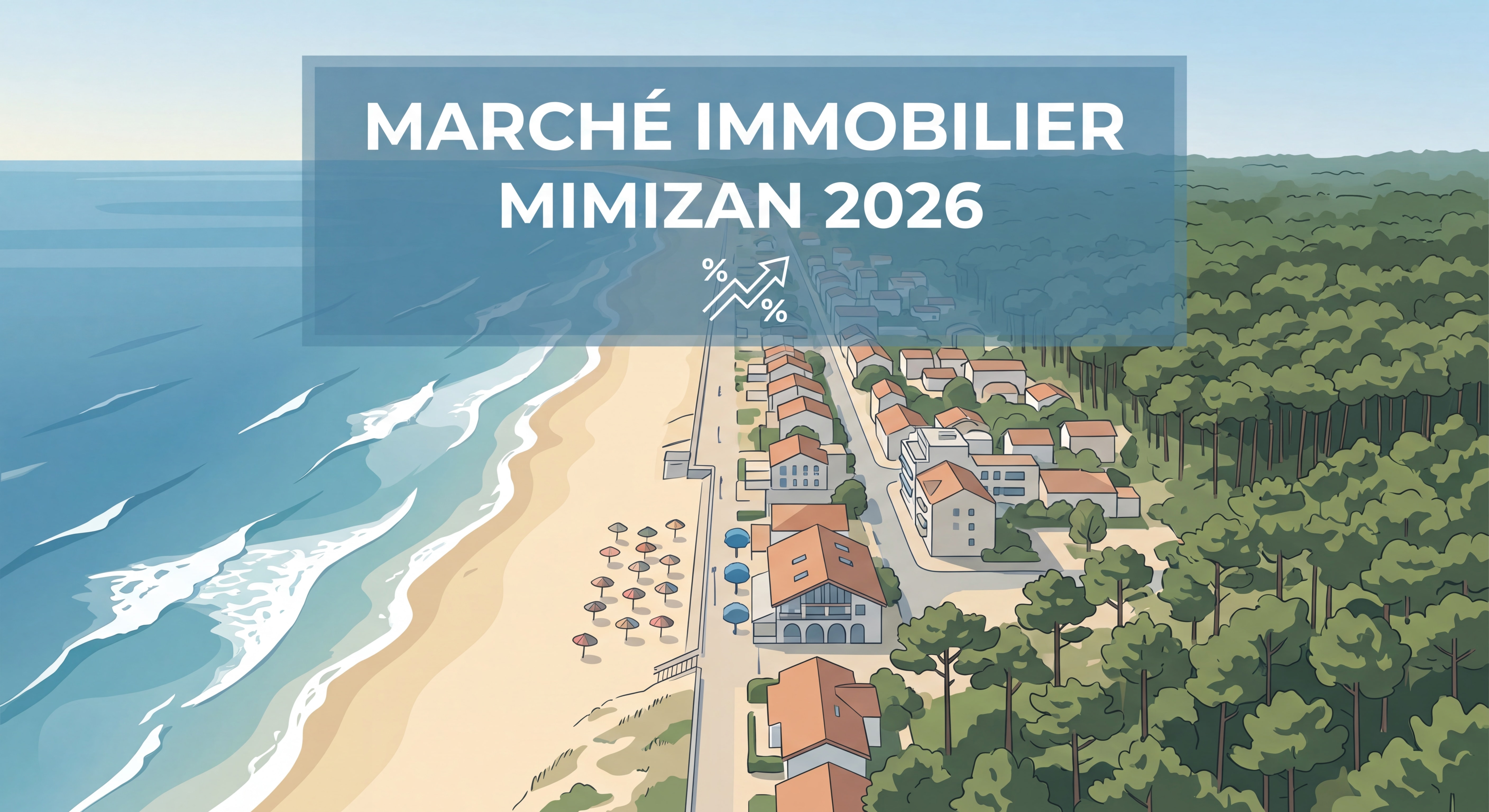 Vue aérienne de Mimizan-Plage avec l'océan Atlantique et la forêt landaise, illustration du marché immobilier à Mimizan en 2026