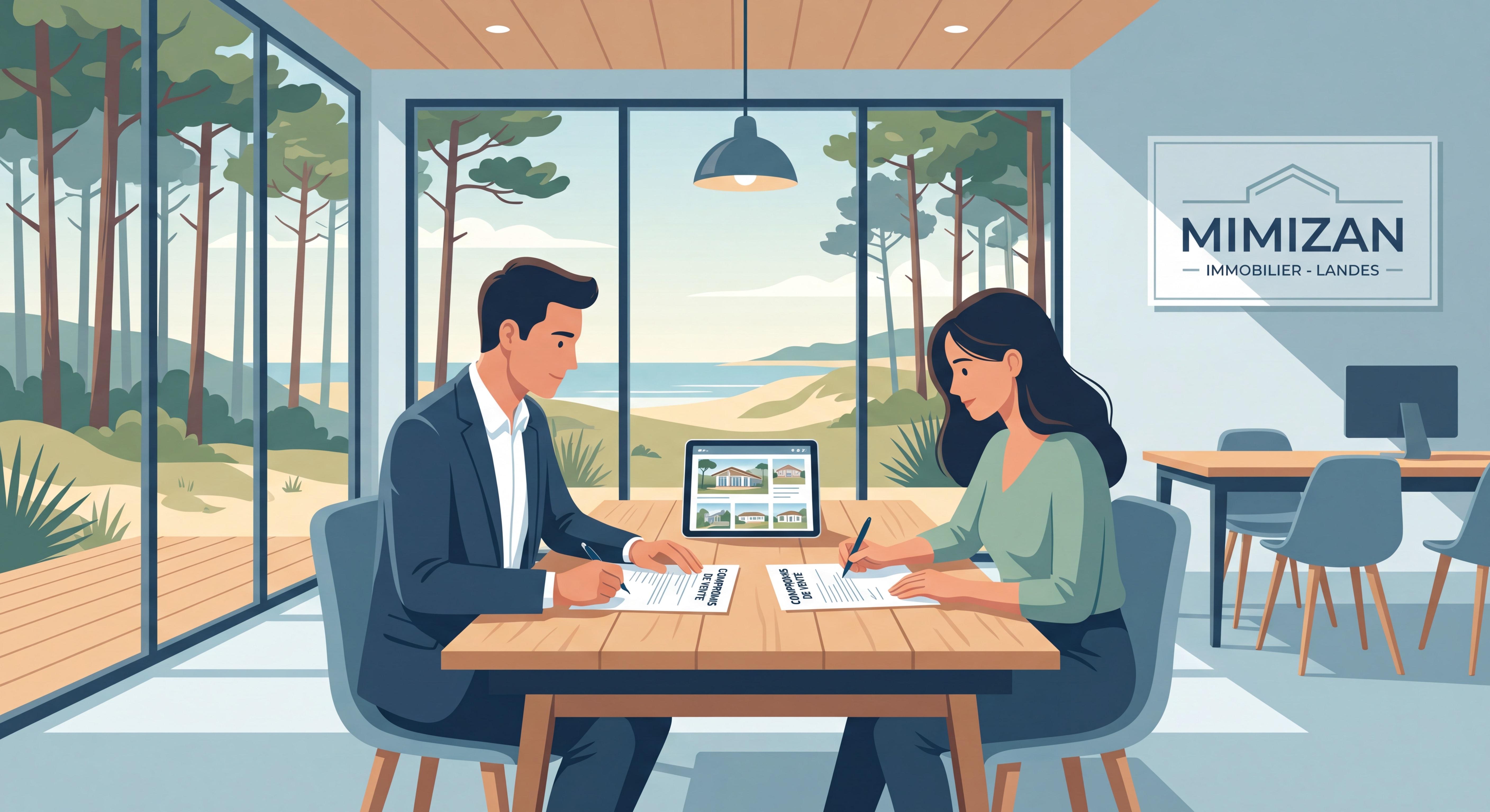 Négociation immobilière à Mimizan entre acheteur et conseiller immobilier, signature d'un compromis de vente dans les Landes
