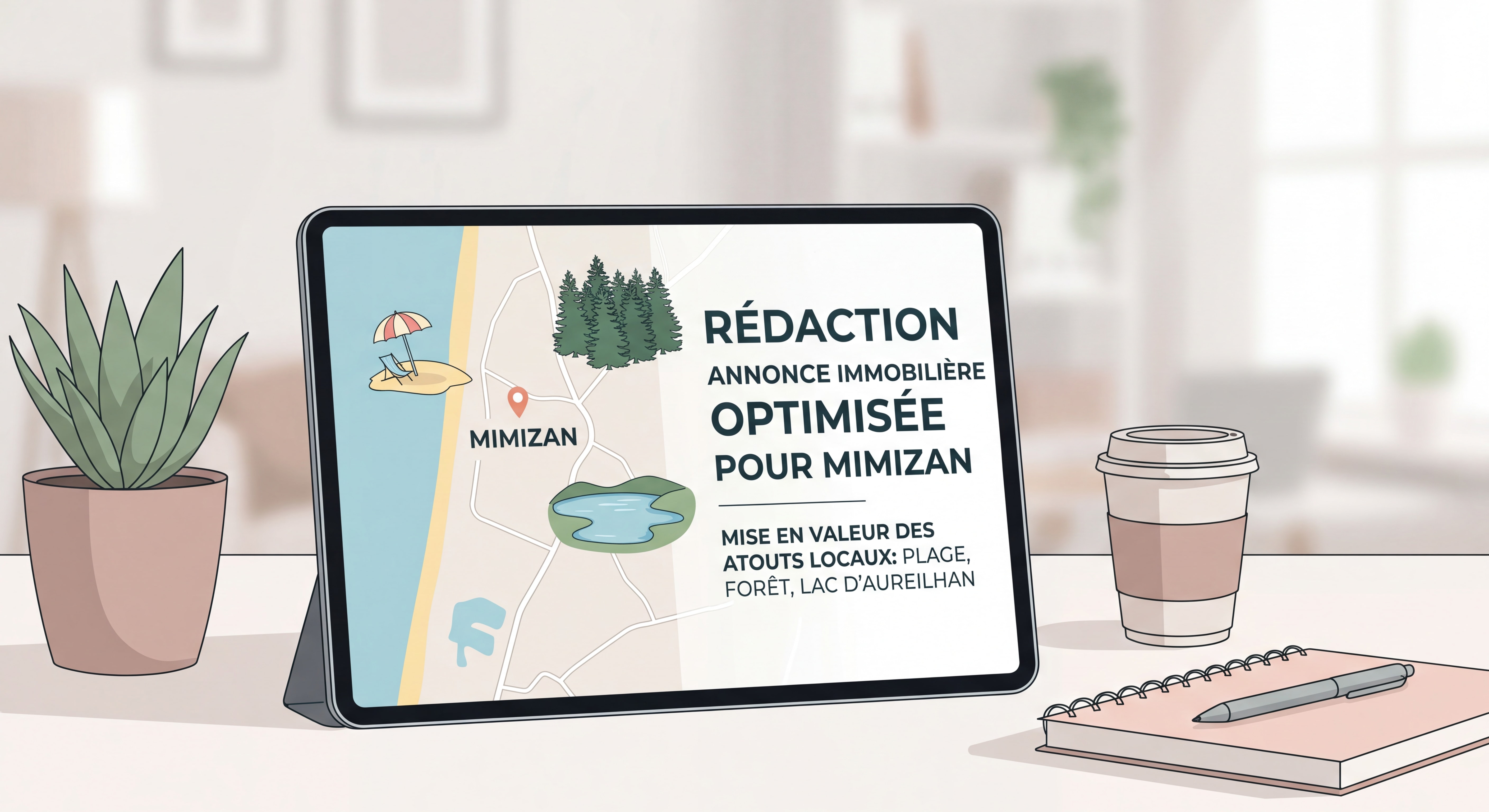 Rédaction d'une annonce immobilière optimisée pour Mimizan, mise en valeur des atouts locaux plage forêt lac d'Aureilhan