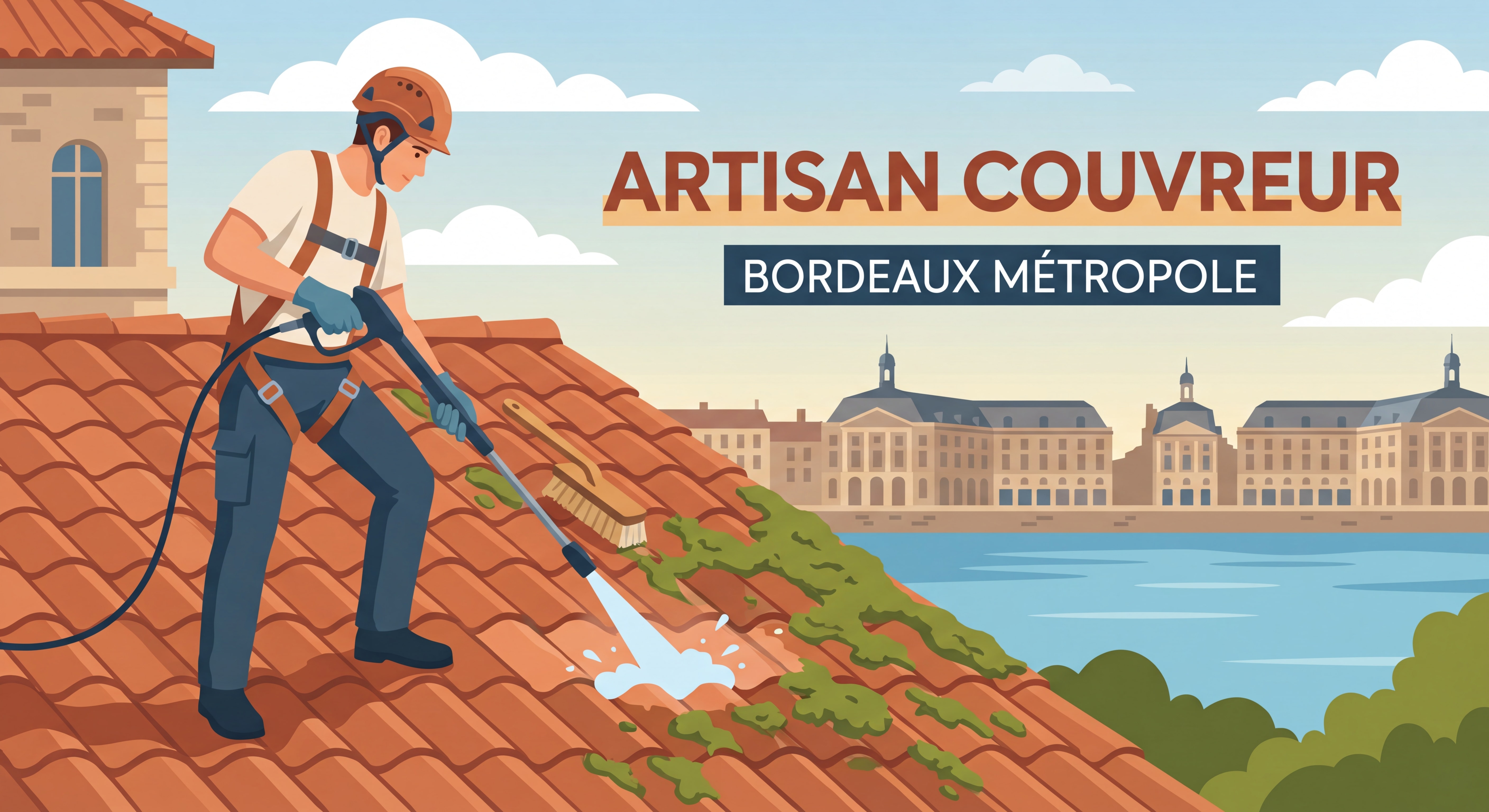 Artisan couvreur professionnel en train d'effectuer un démoussage sur une toiture en tuiles à Bordeaux Métropole, équipement de sécurité visible