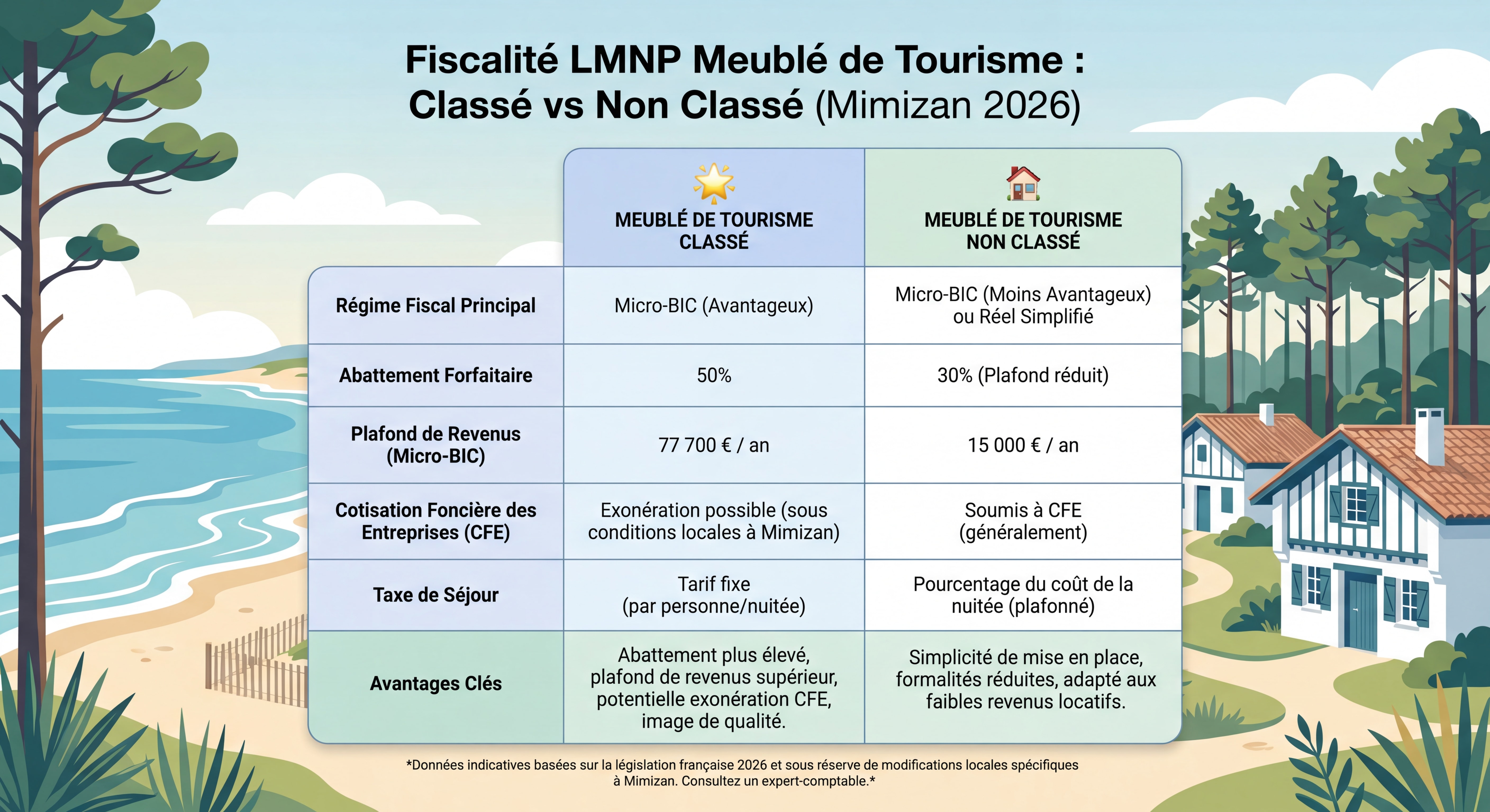 Illustration fiscalité LMNP meublé de tourisme Mimizan 2026 — tableau comparatif classé vs non classé