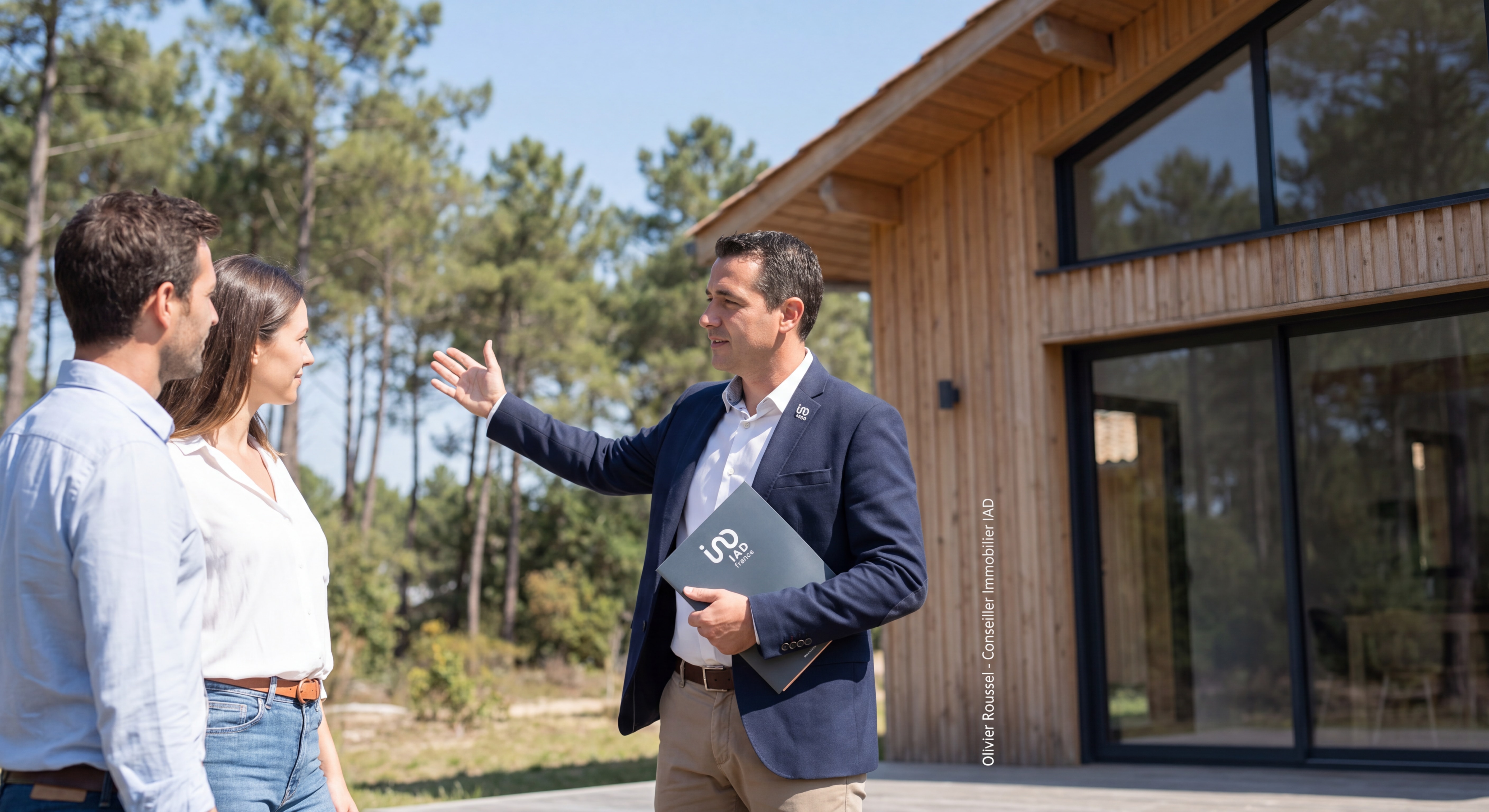 Olivier Roussel conseiller immobilier IAD lors d'une visite de bien à Mimizan, forêt landaise en arrière-plan