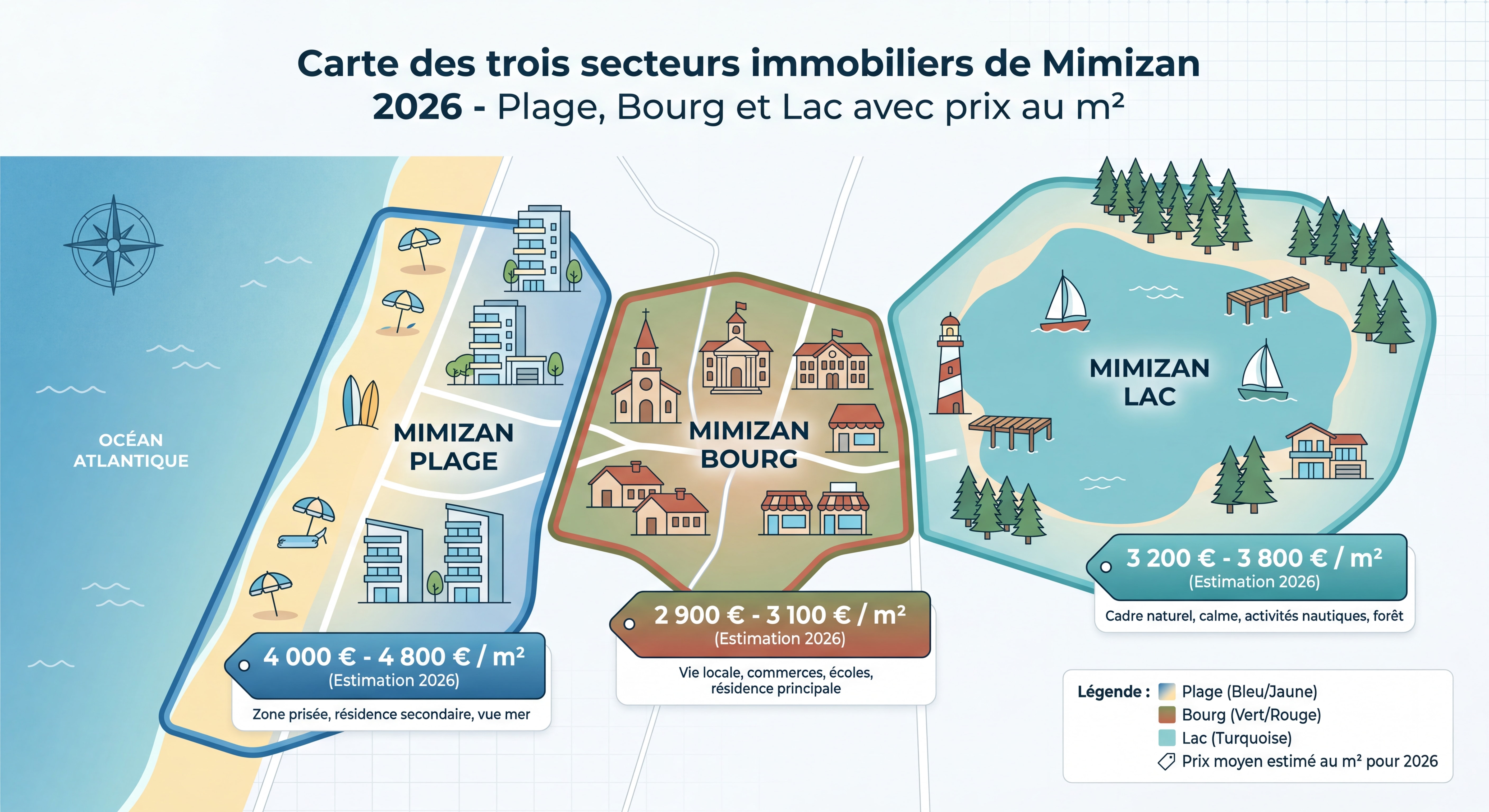 Carte des trois secteurs immobiliers de Mimizan - Plage, Bourg et Lac avec prix au m² 2026