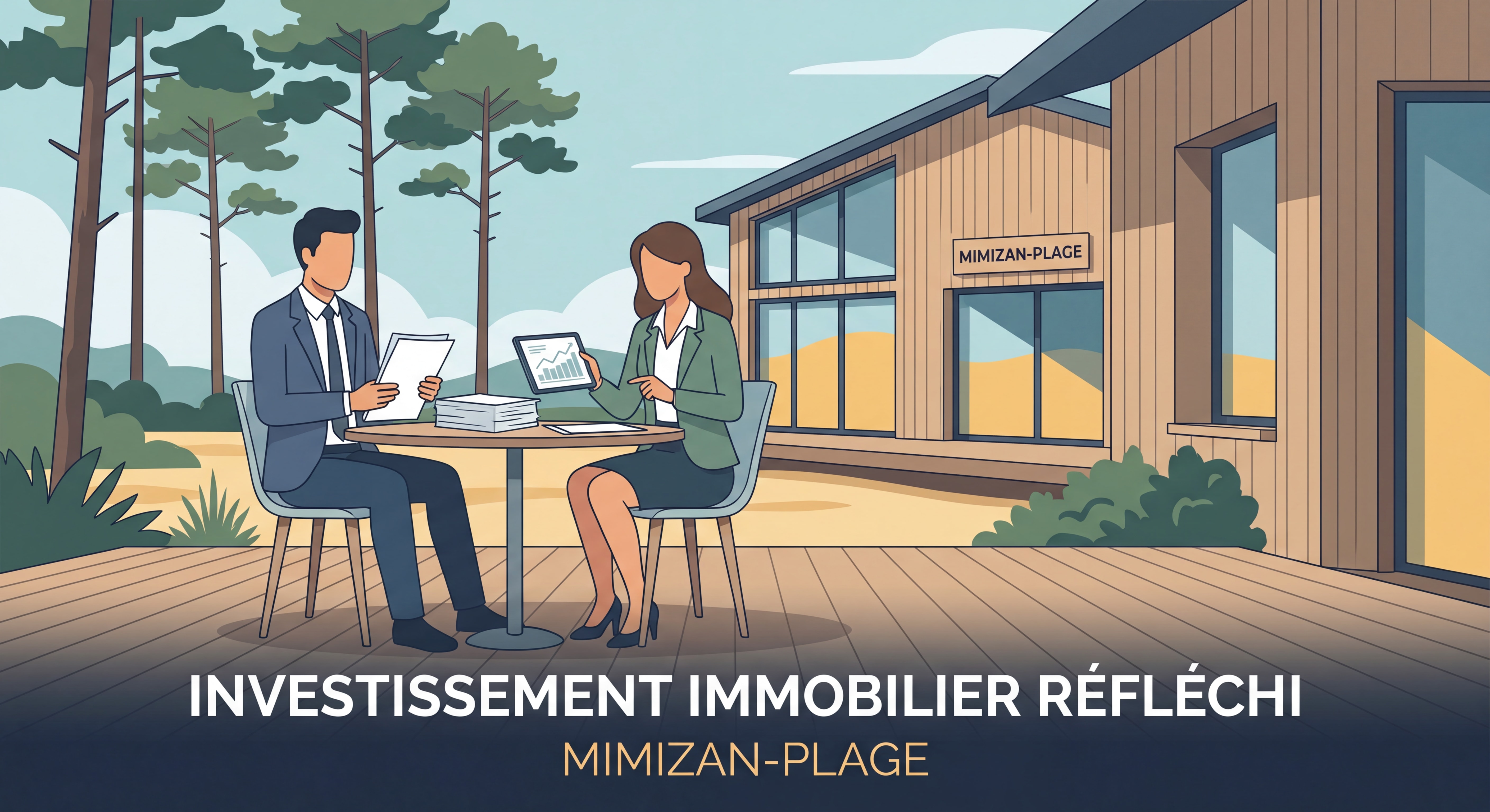 Couple de propriétaires consultant des documents financiers devant leur maison de vacances à Mimizan-Plage, symbole d'une décision d'investissement immobilier réfléchie