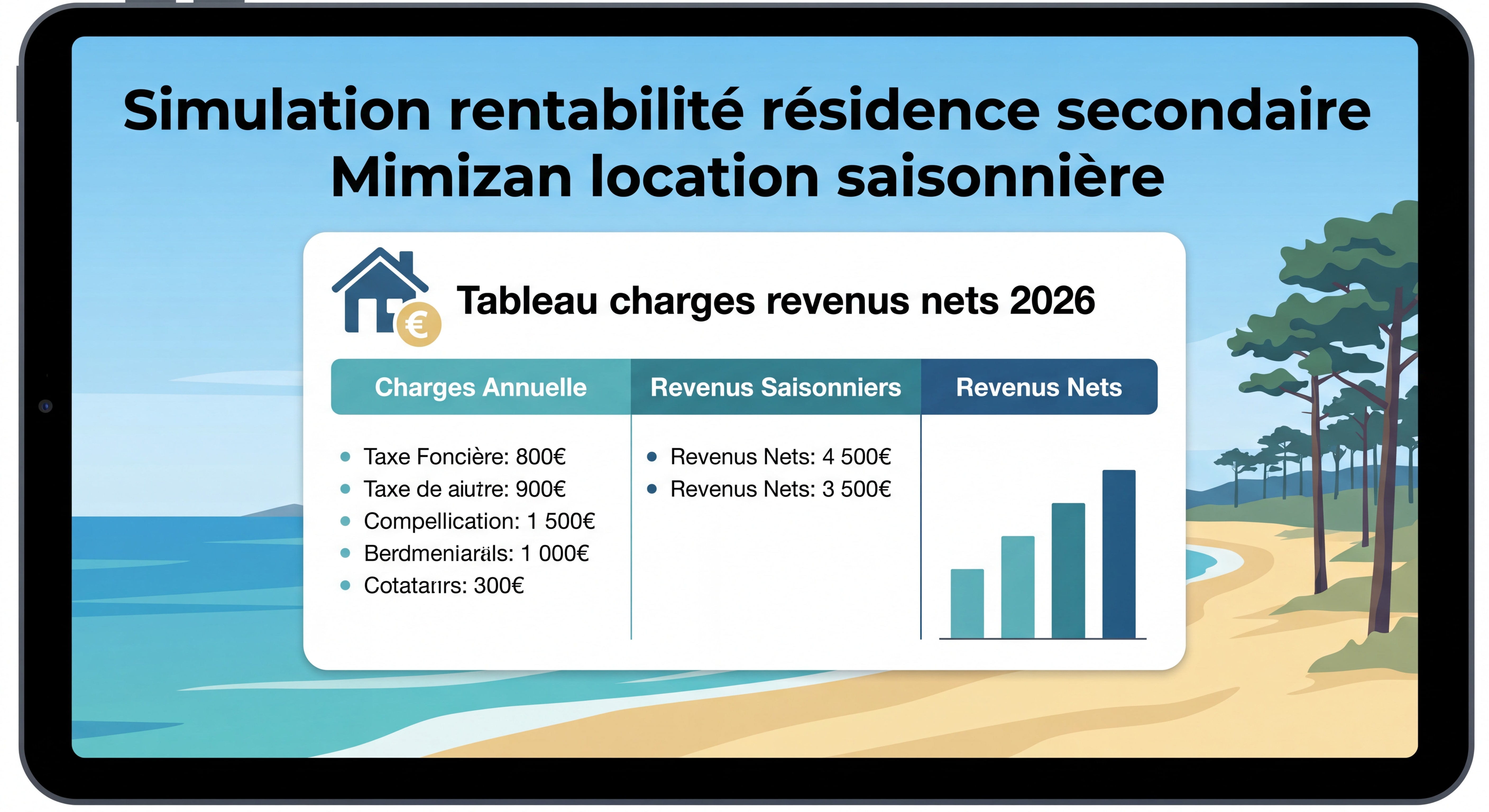 Simulation rentabilité résidence secondaire Mimizan location saisonnière tableau charges revenus nets 2026
