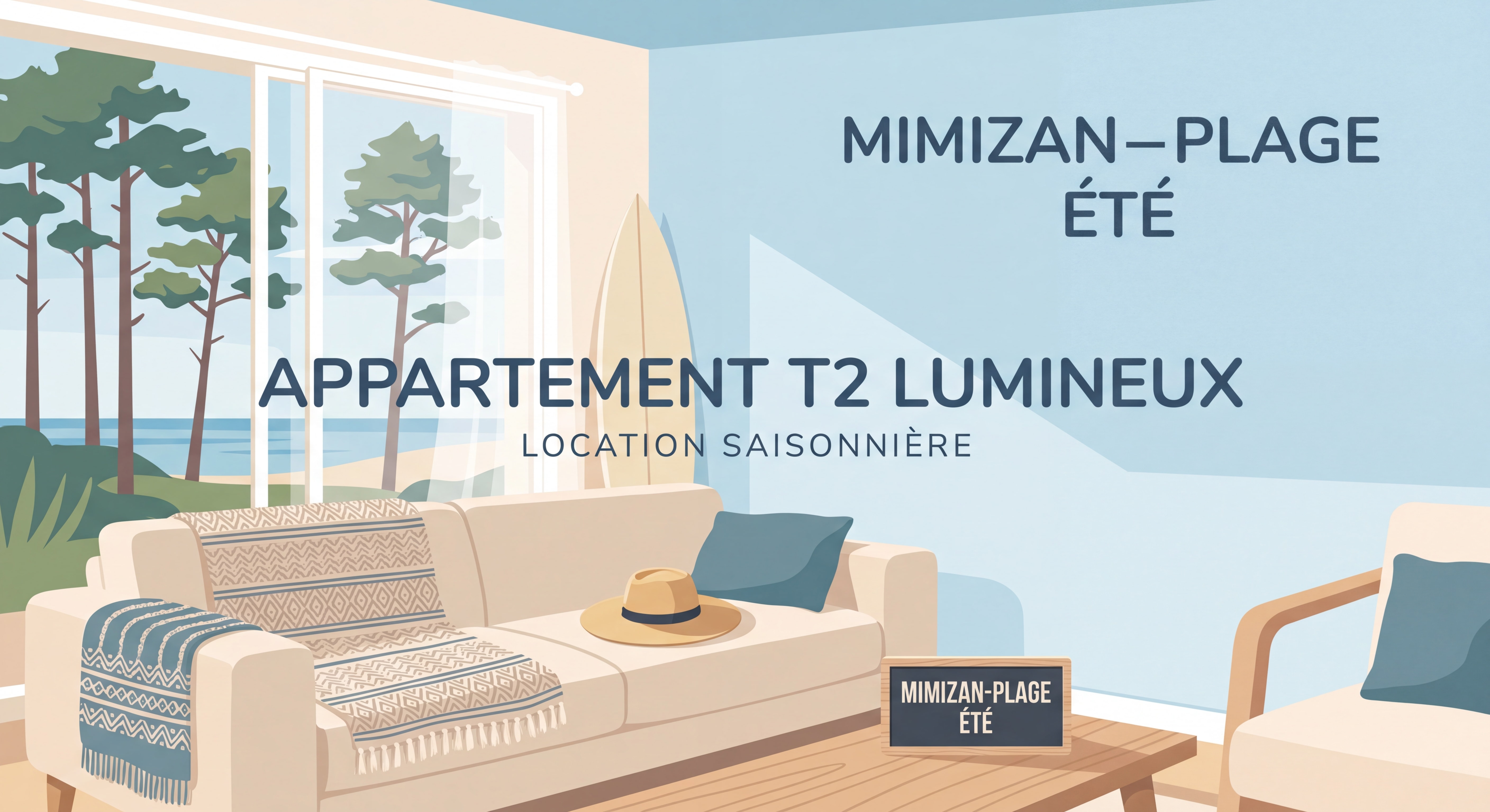 Appartement T2 lumineux à Mimizan-Plage avec vue sur les pins, décoré pour la location saisonnière estivale