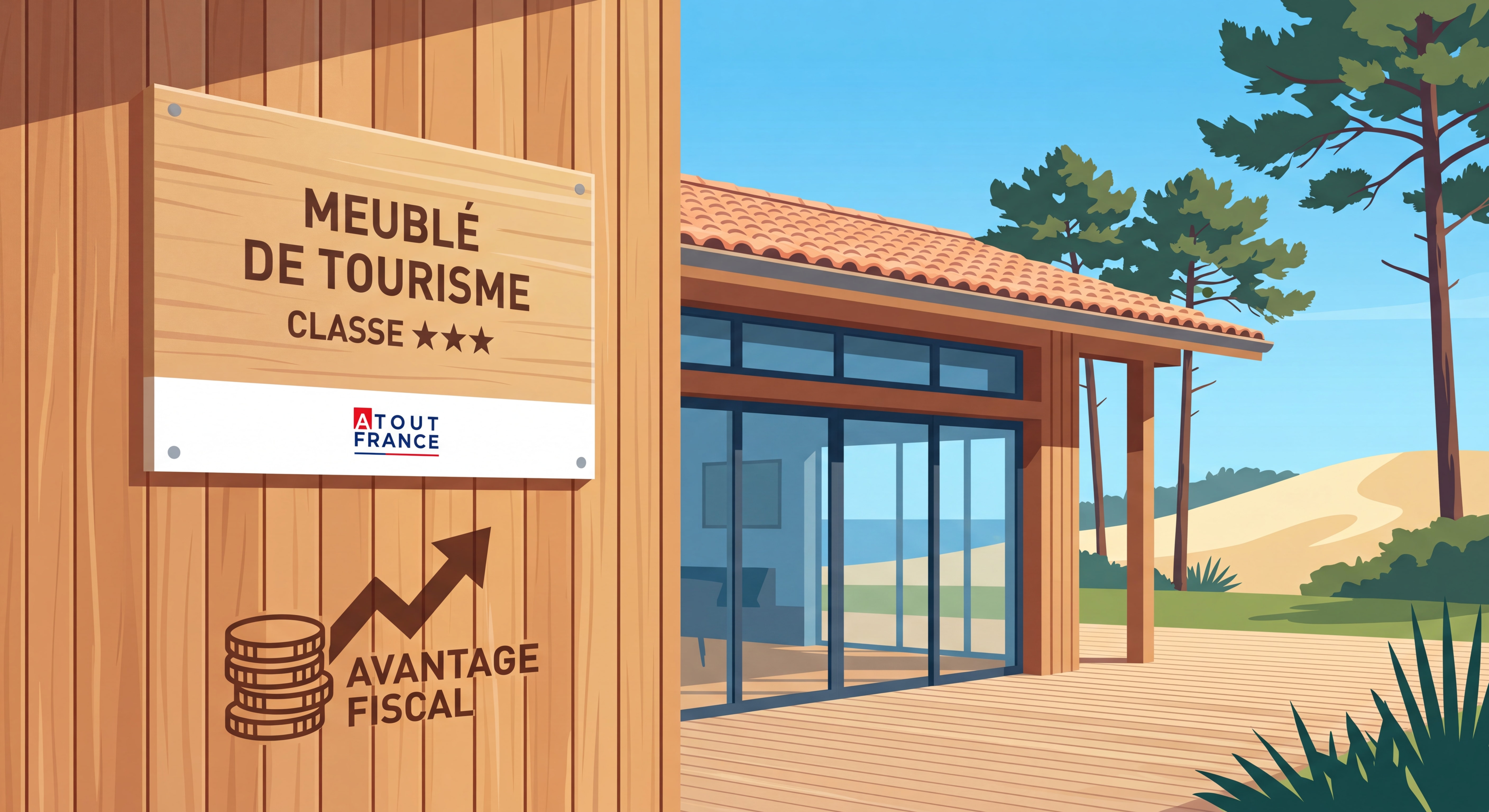 Panneau de classement meublé de tourisme étoiles Atout France sur une maison de location à Mimizan, symbole de l'avantage fiscal pour propriétaires