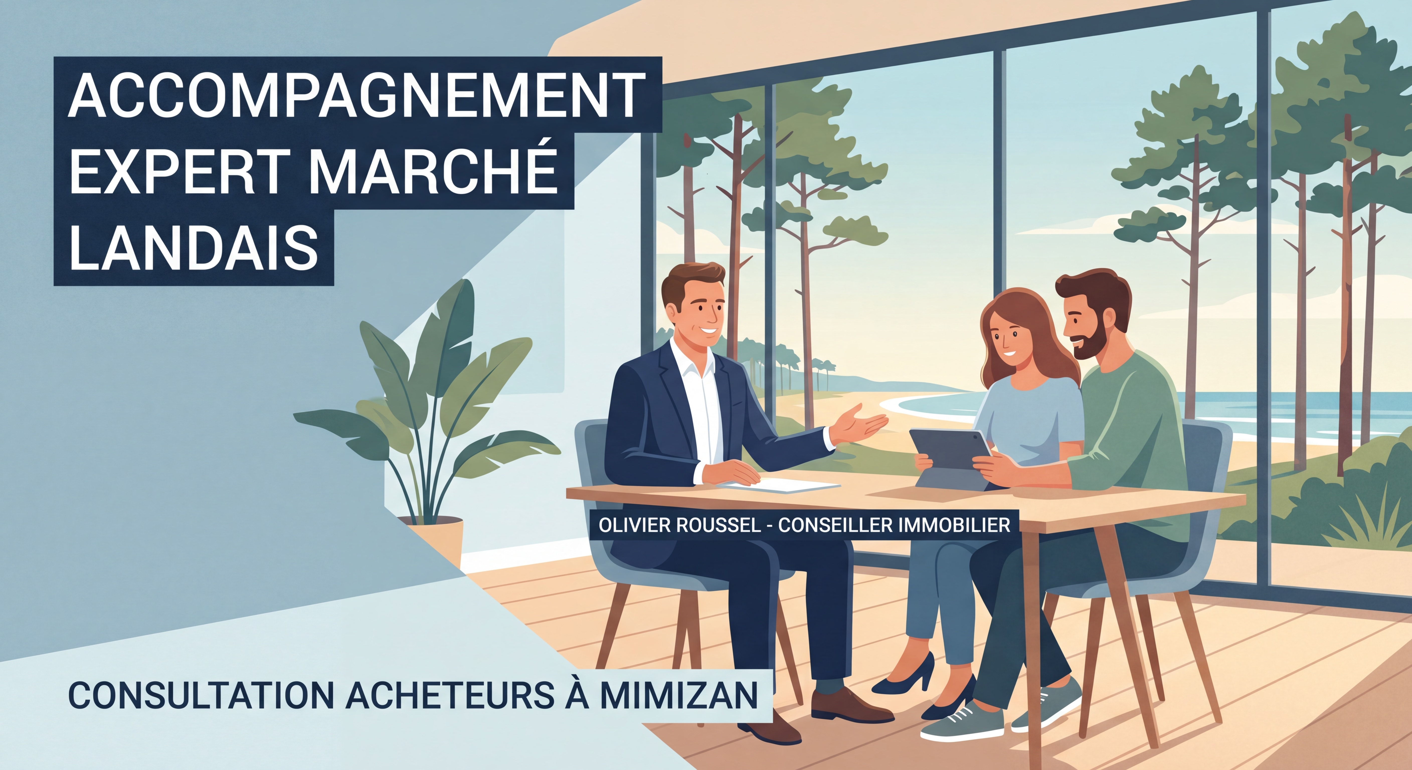 Conseiller immobilier Olivier Roussel en consultation avec des clients acheteurs à Mimizan, accompagnement expert marché landais