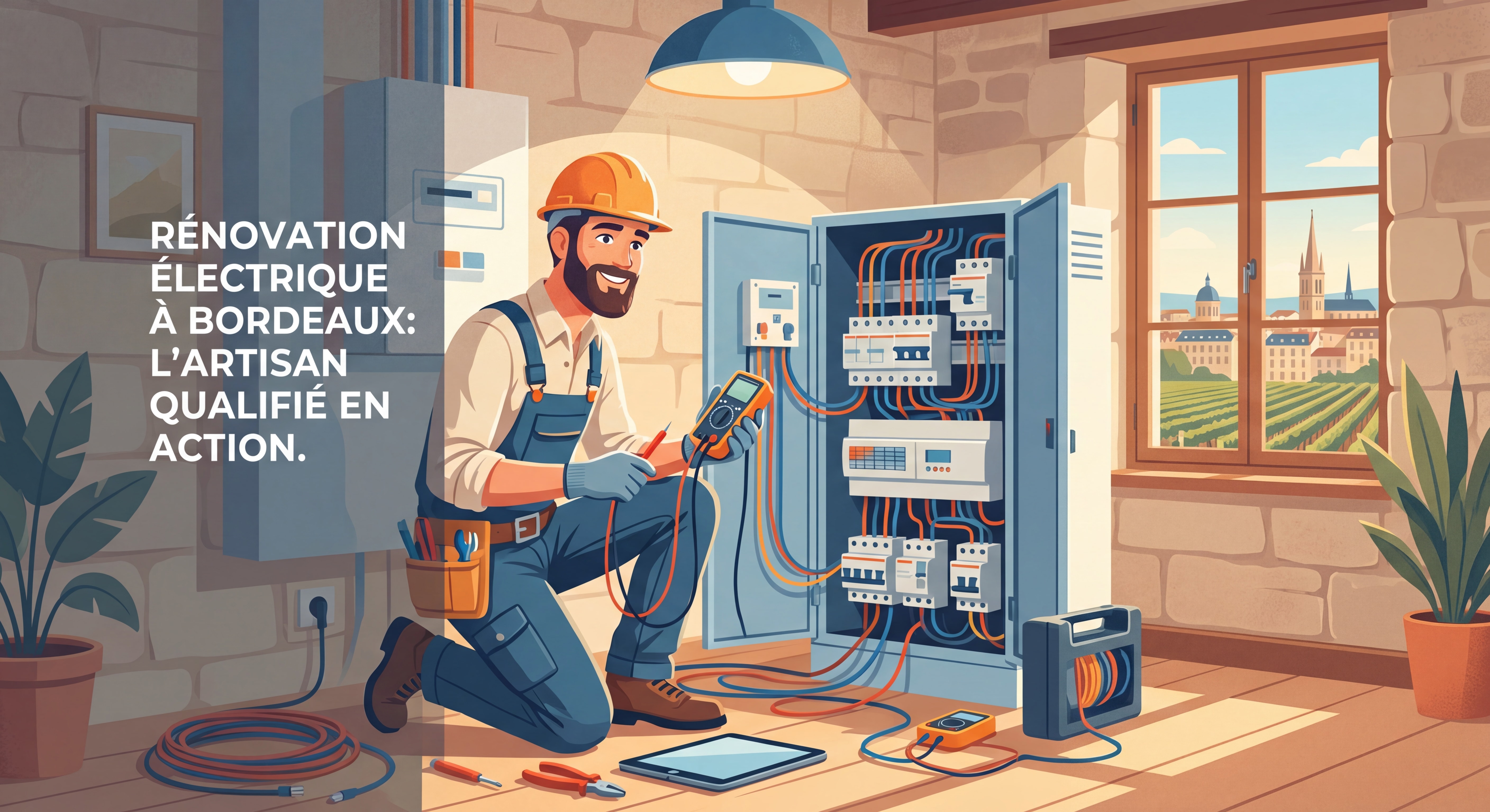 Artisan électricien qualifié en train de rénover un tableau électrique dans une maison à Bordeaux, Gironde