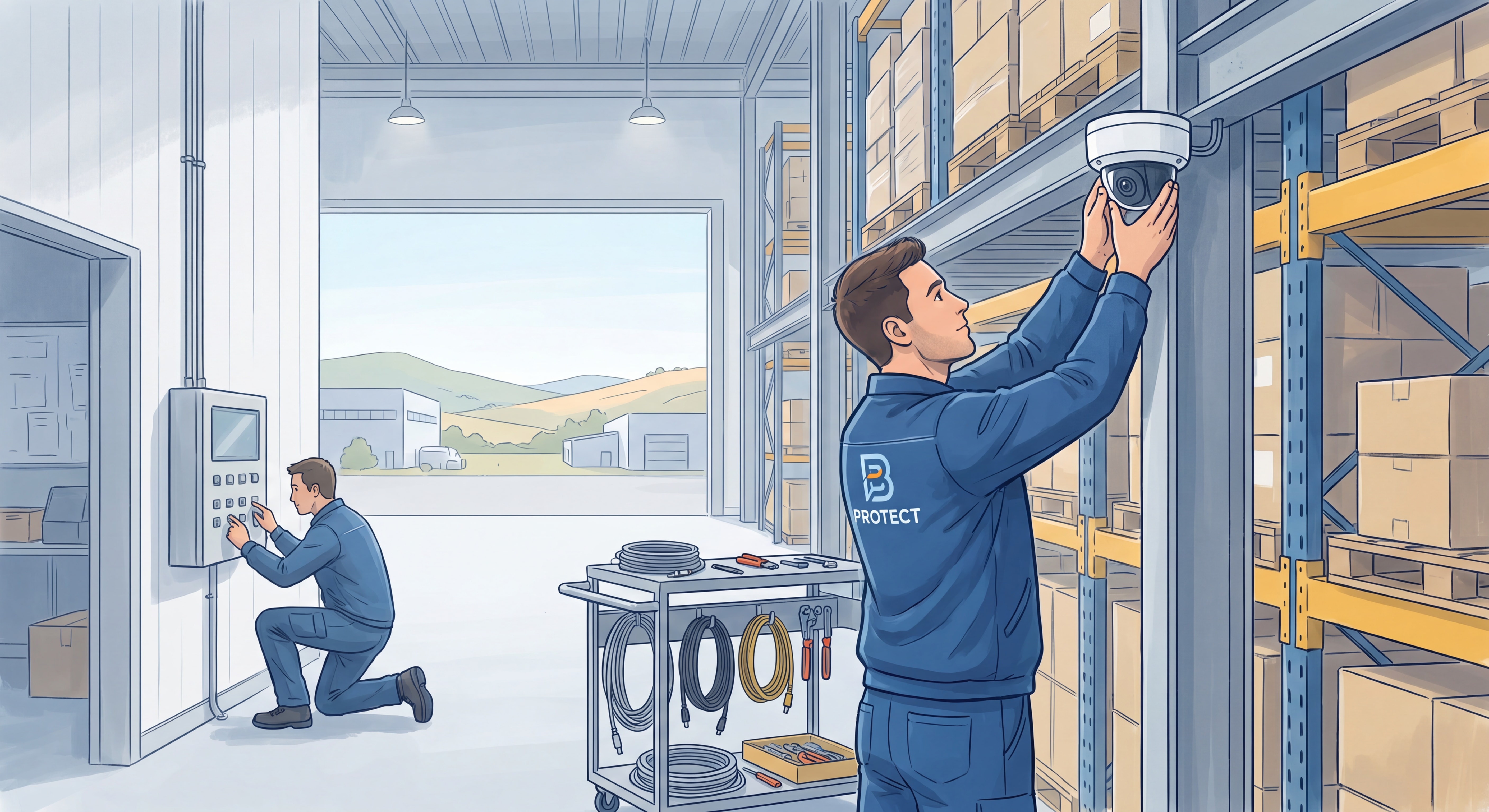 Technicien B PROTECT installant un système d'alarme intrusion et de vidéoprotection dans un entrepôt logistique en Auvergne-Rhône-Alpes