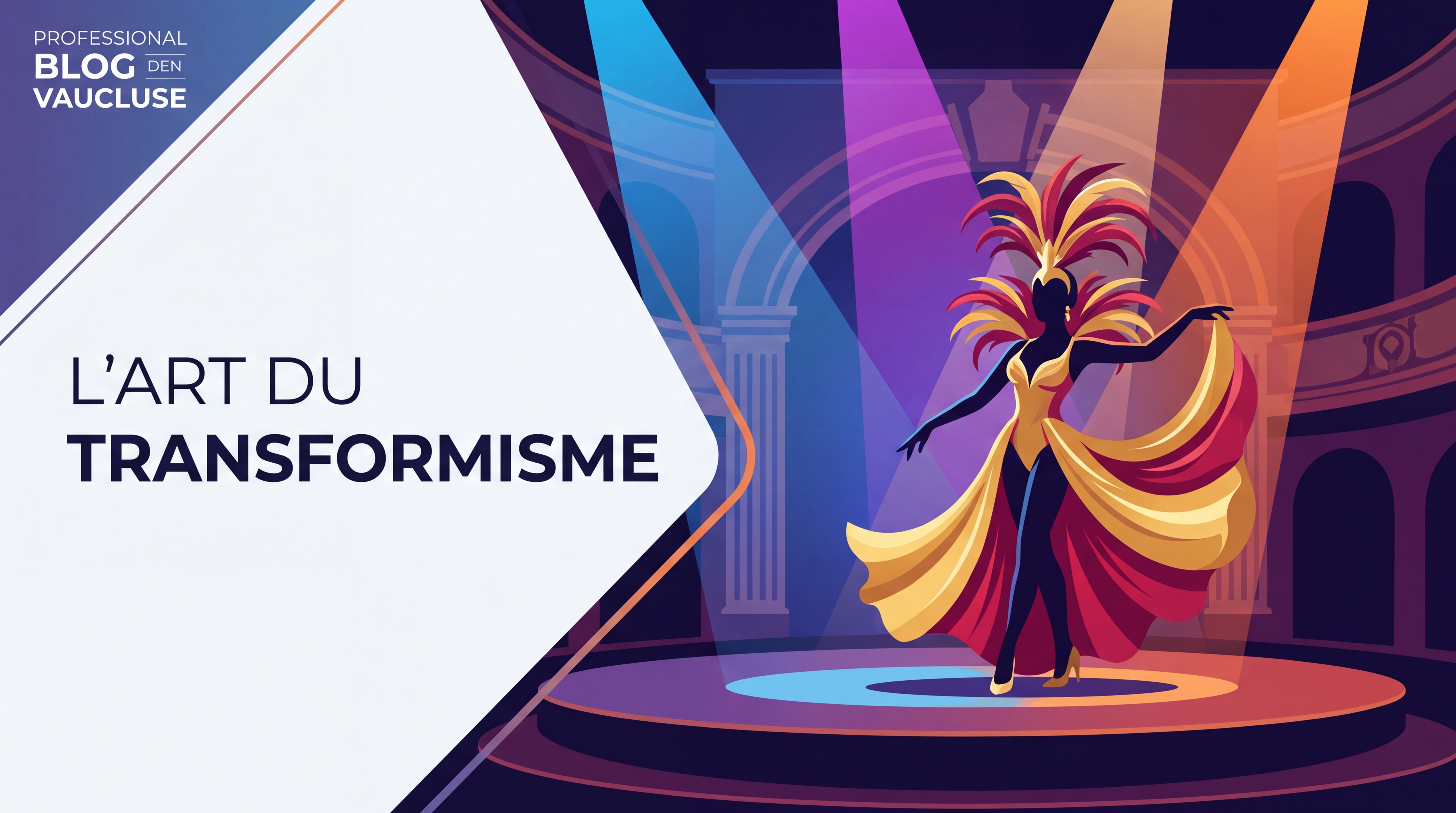 Artiste transformiste en costume flamboyant sur scène lors d'un spectacle cabaret en Vaucluse, lumières colorées et plumes dorées