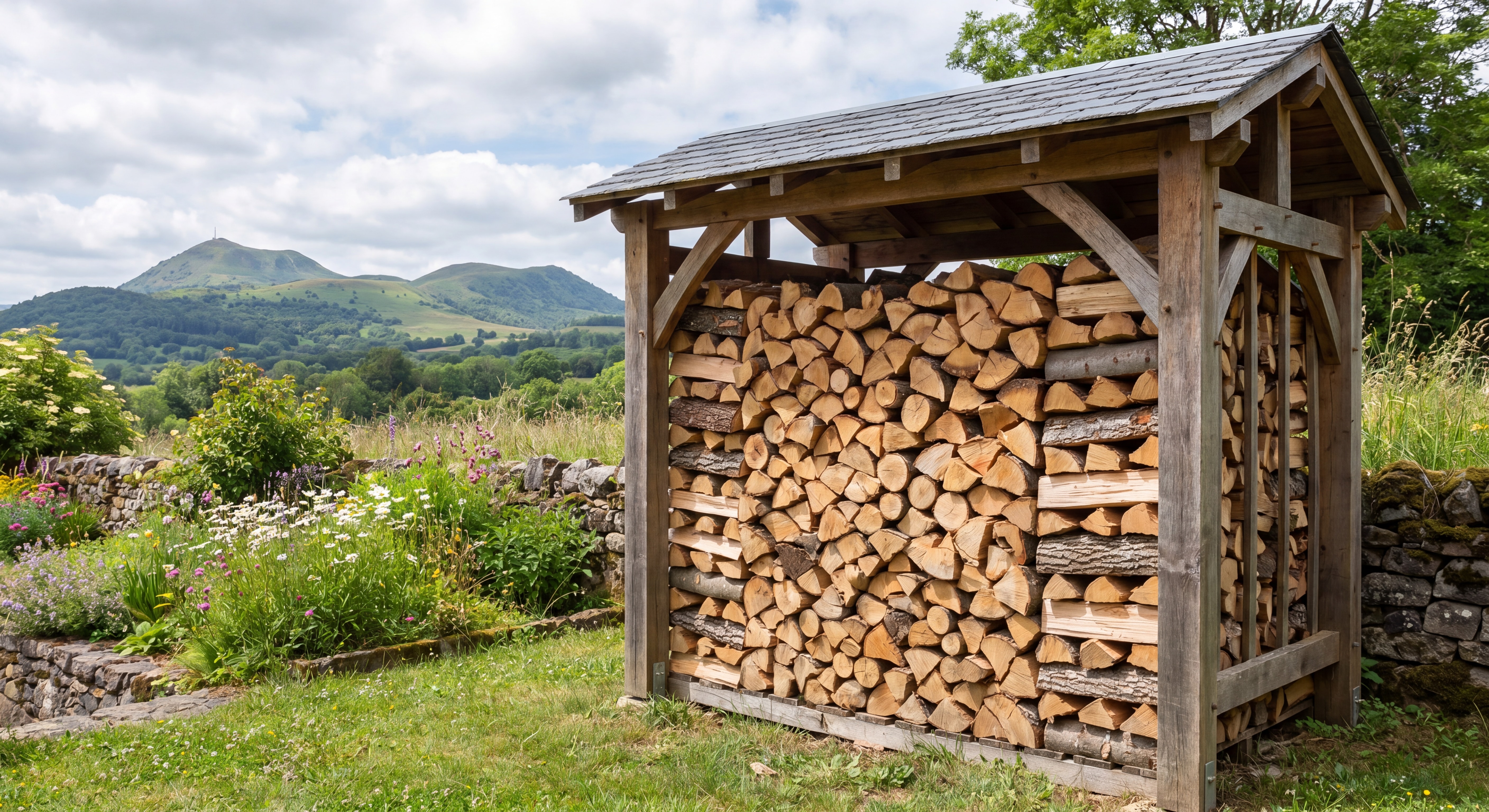 Pile de bûches de chêne et hêtre bien stockées sous un abri en bois, dans un jardin auvergnat avec vue sur les volcans du Puy-de-Dôme