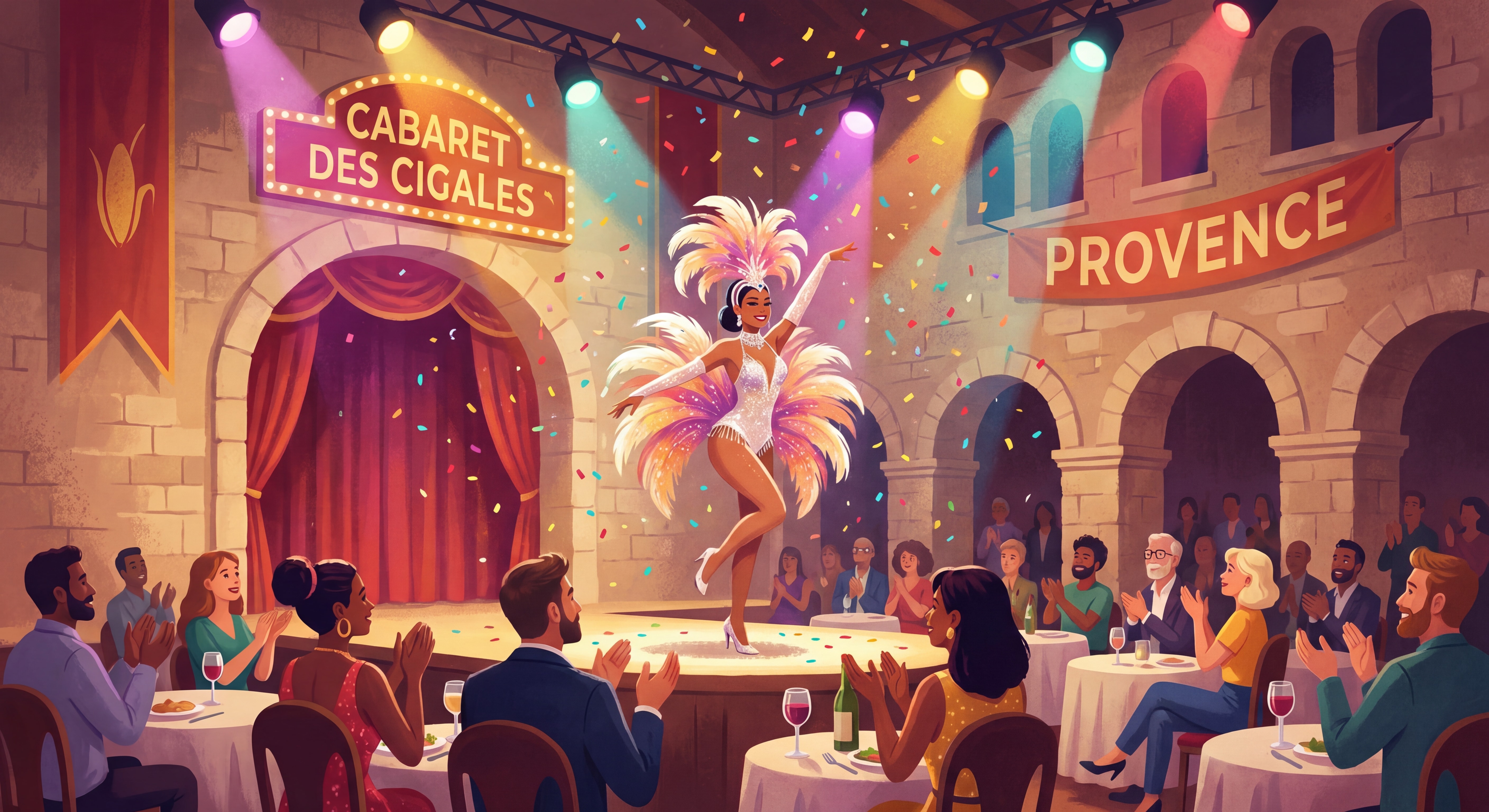 Artiste transformiste en costume de cabaret scintillant sur scène dans une salle de spectacle en Provence, lumières colorées et ambiance festive