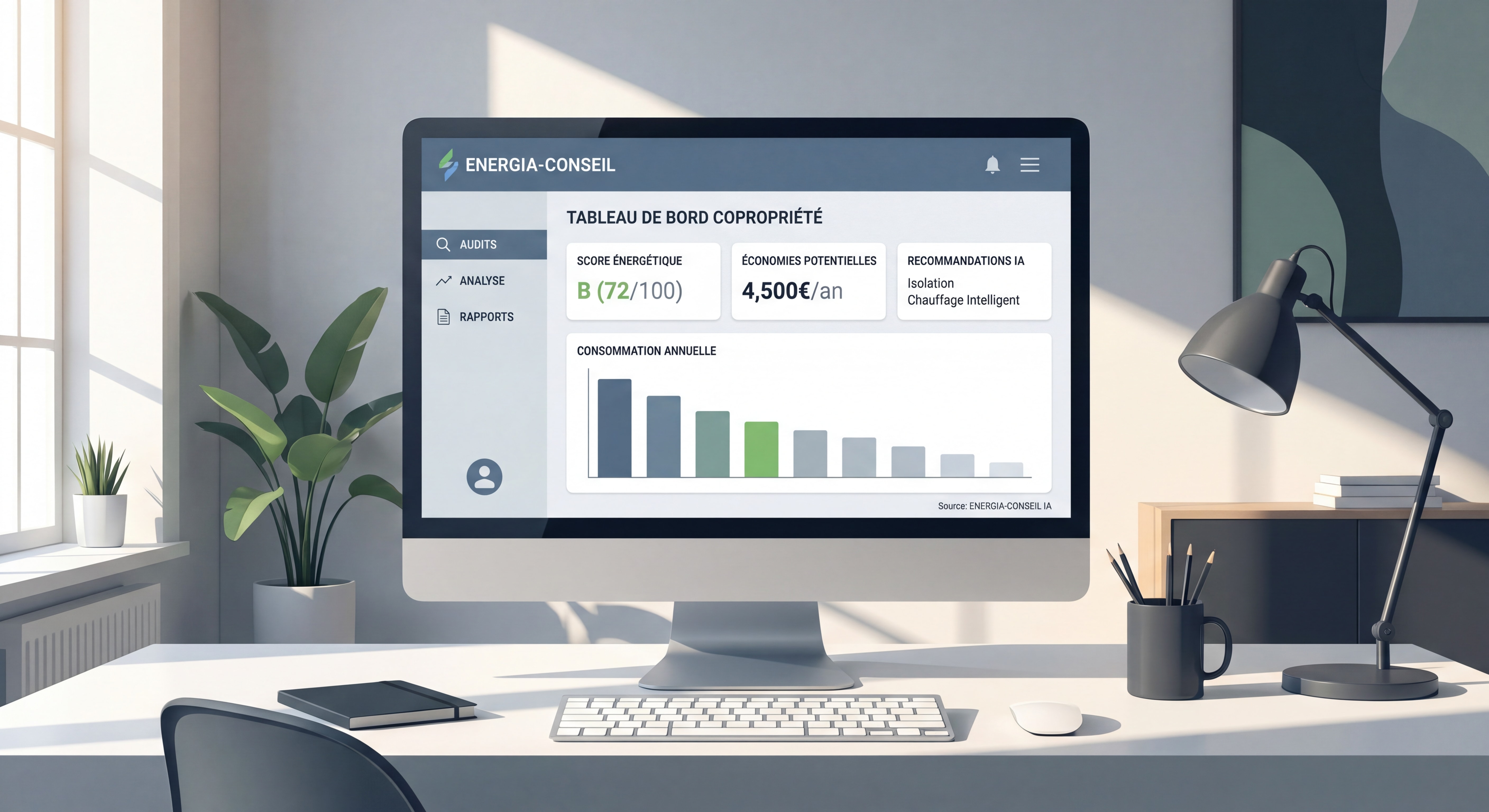 Interface de l'outil d'audit énergétique IA ENERGIA-CONSEIL avec tableau de bord et résultats d'analyse pour une copropriété