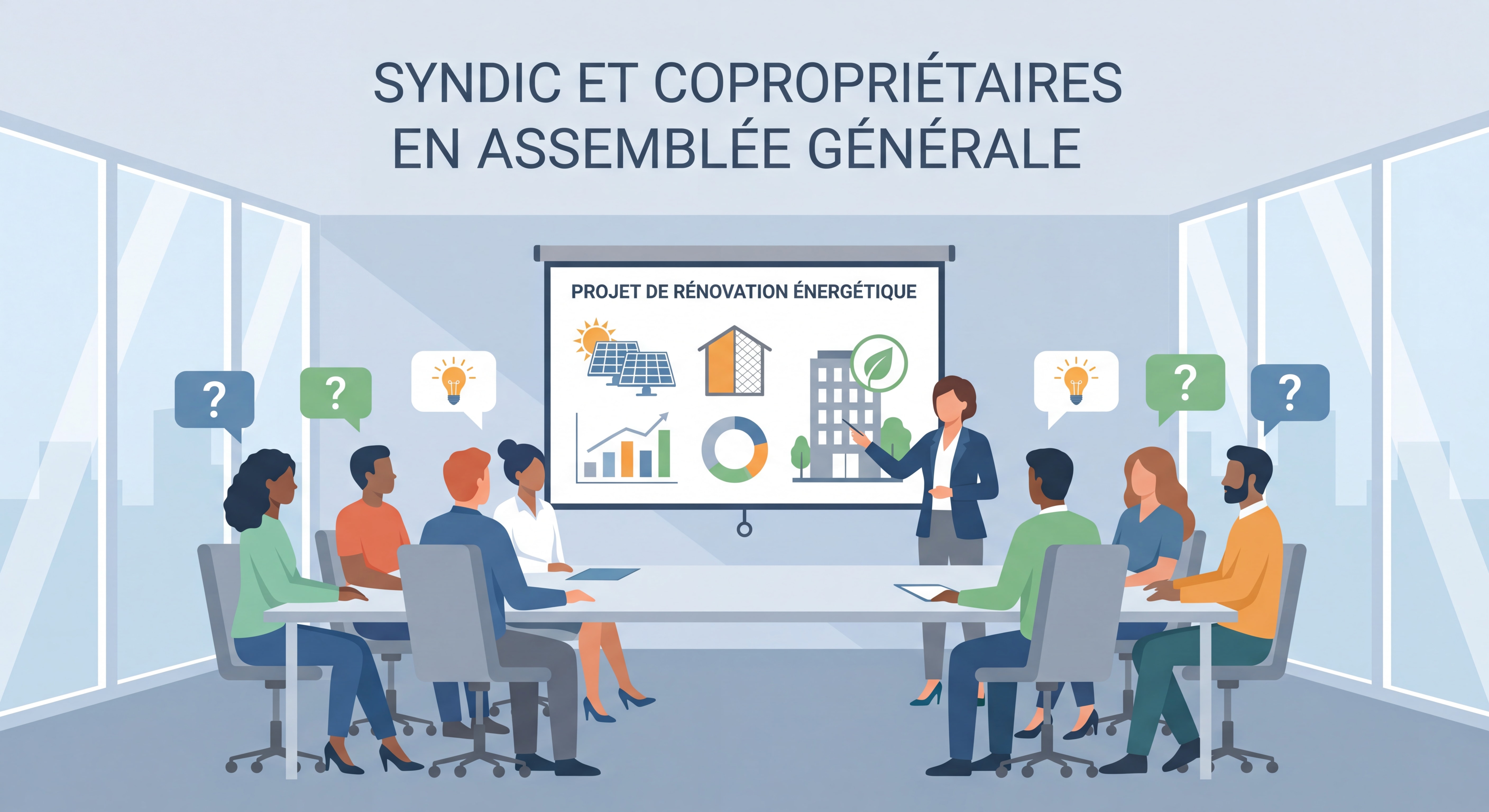 Syndic et copropriétaires en assemblée générale discutant d'un projet de rénovation énergétique d'immeuble collectif
