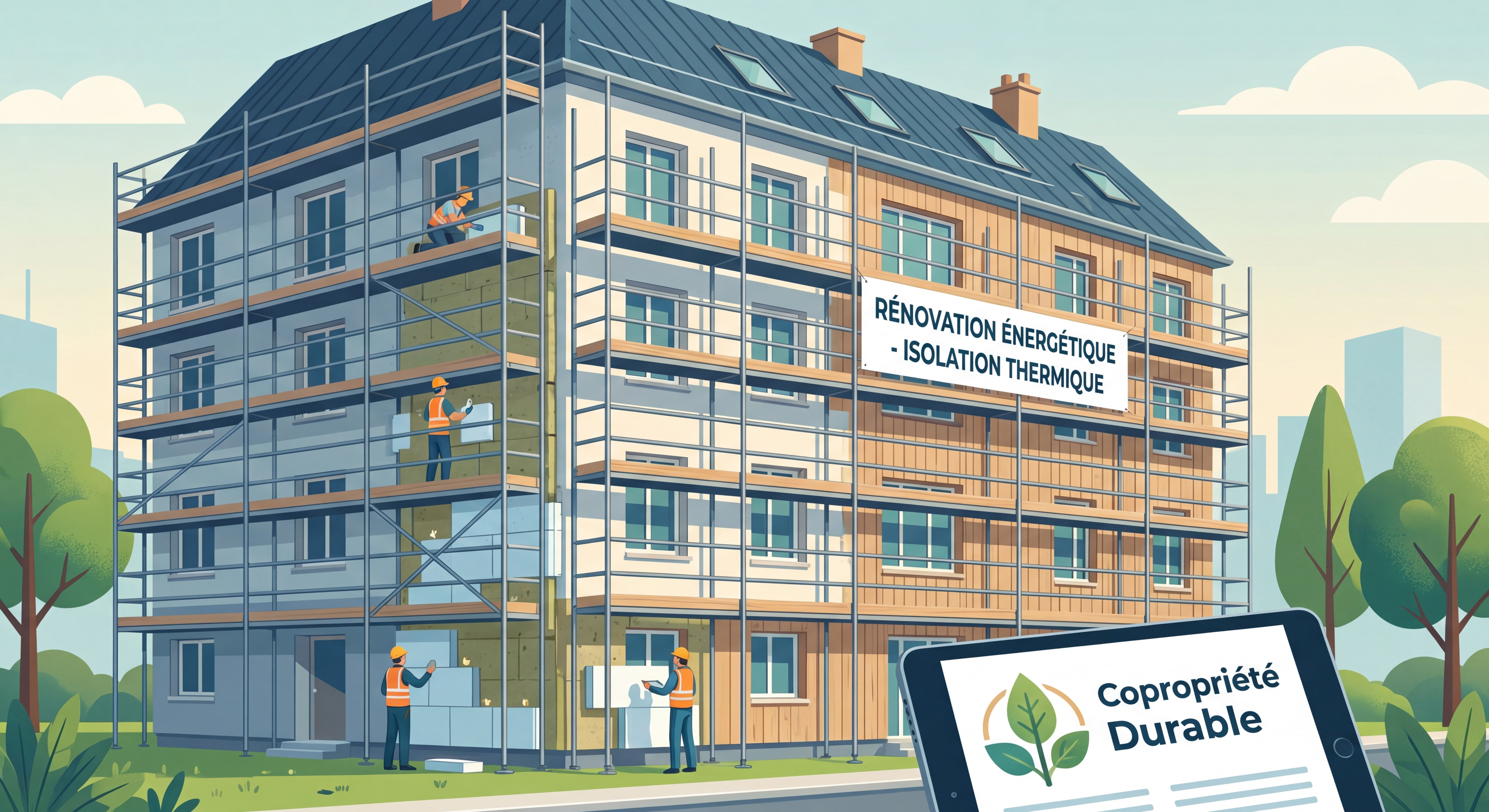 Chantier de rénovation énergétique d'une copropriété avec isolation thermique par l'extérieur et échafaudage