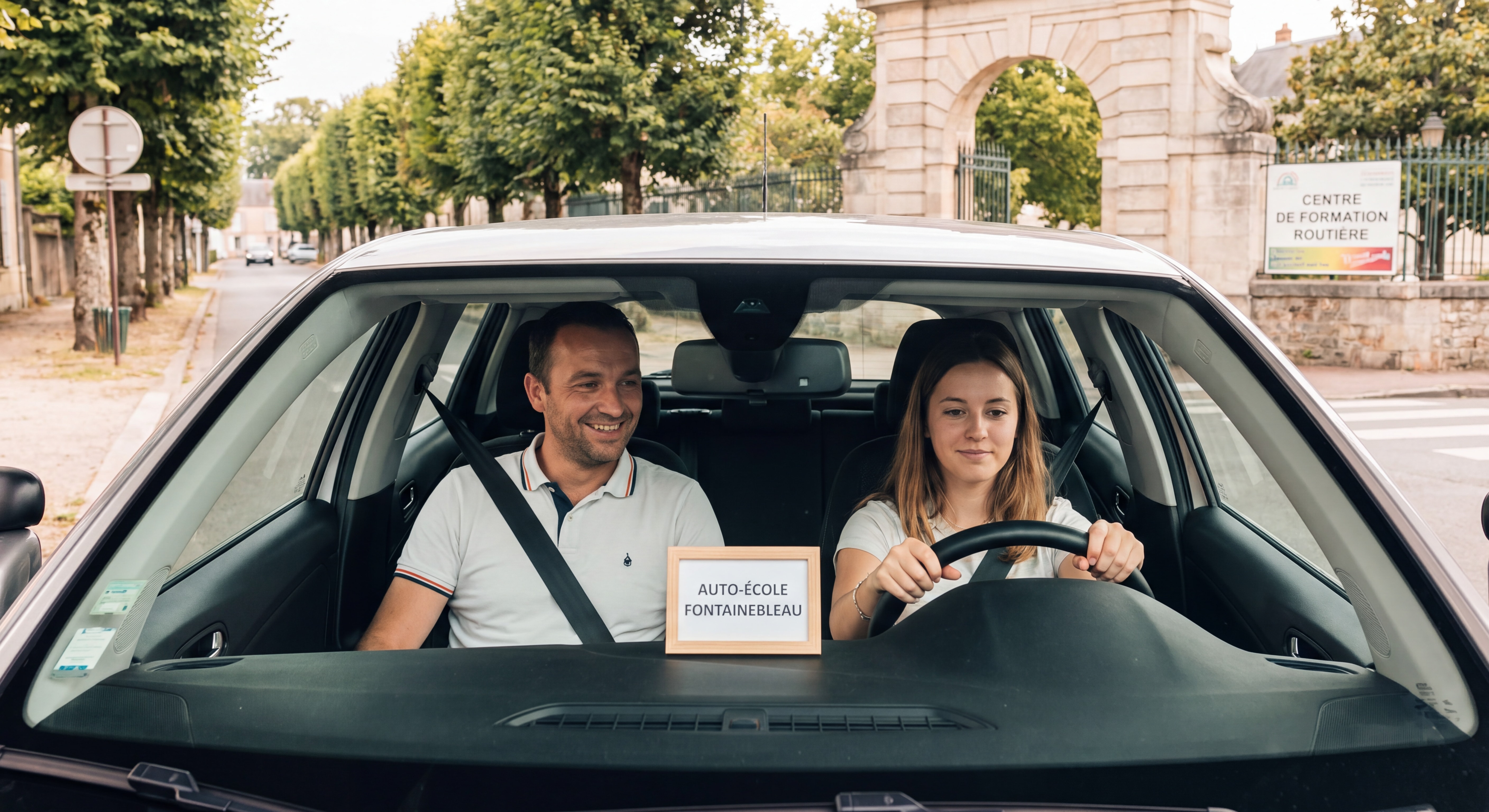 Moniteur auto-école souriant accompagnant un élève dans un véhicule école, ambiance professionnelle et positive, centre de formation Fontainebleau Seine-et-Marne