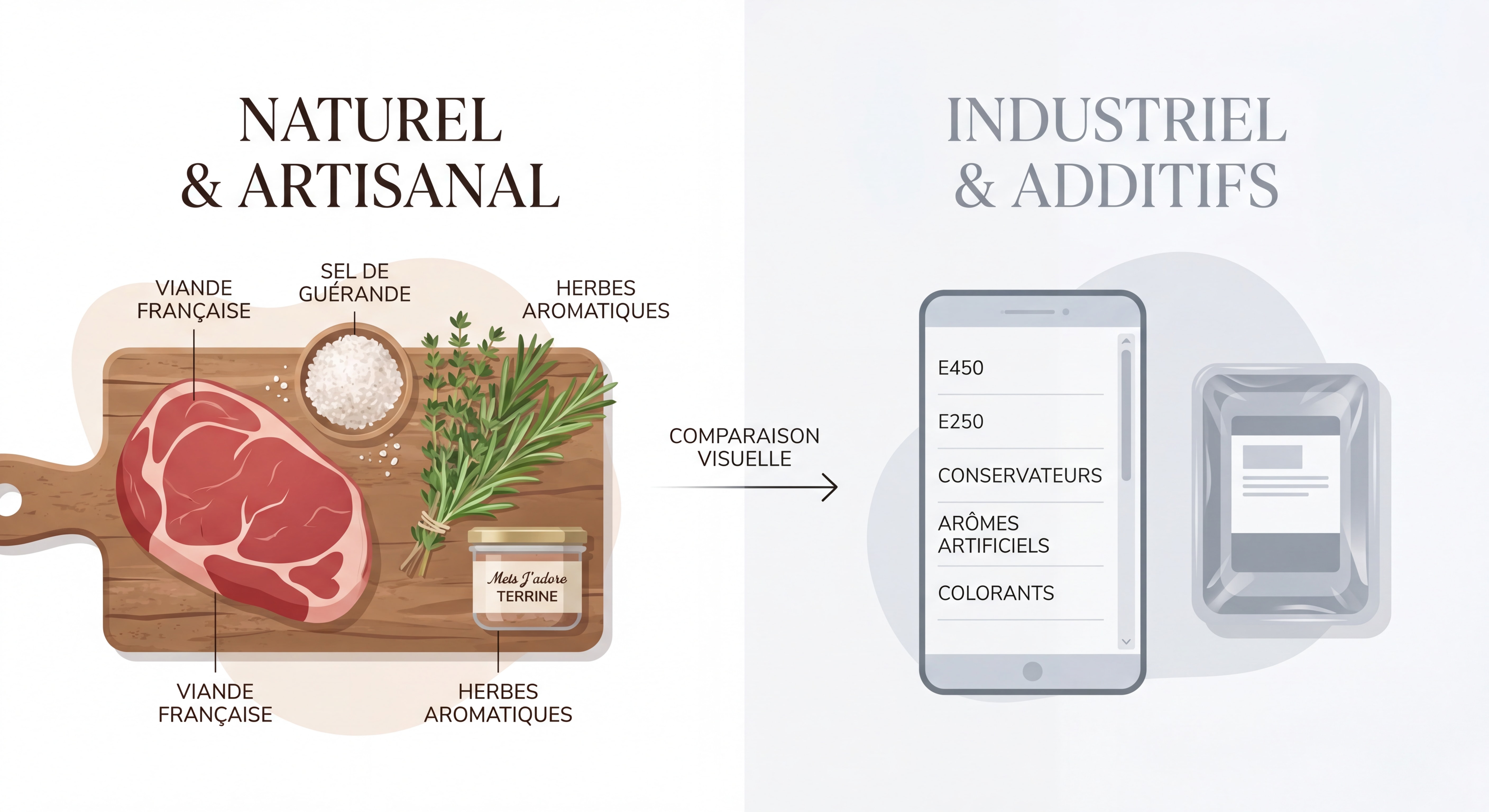 Comparaison visuelle entre les ingrédients naturels d'une terrine artisanale Mets J'adore - viande française, sel de Guérande, herbes aromatiques - et une liste d'additifs industriels