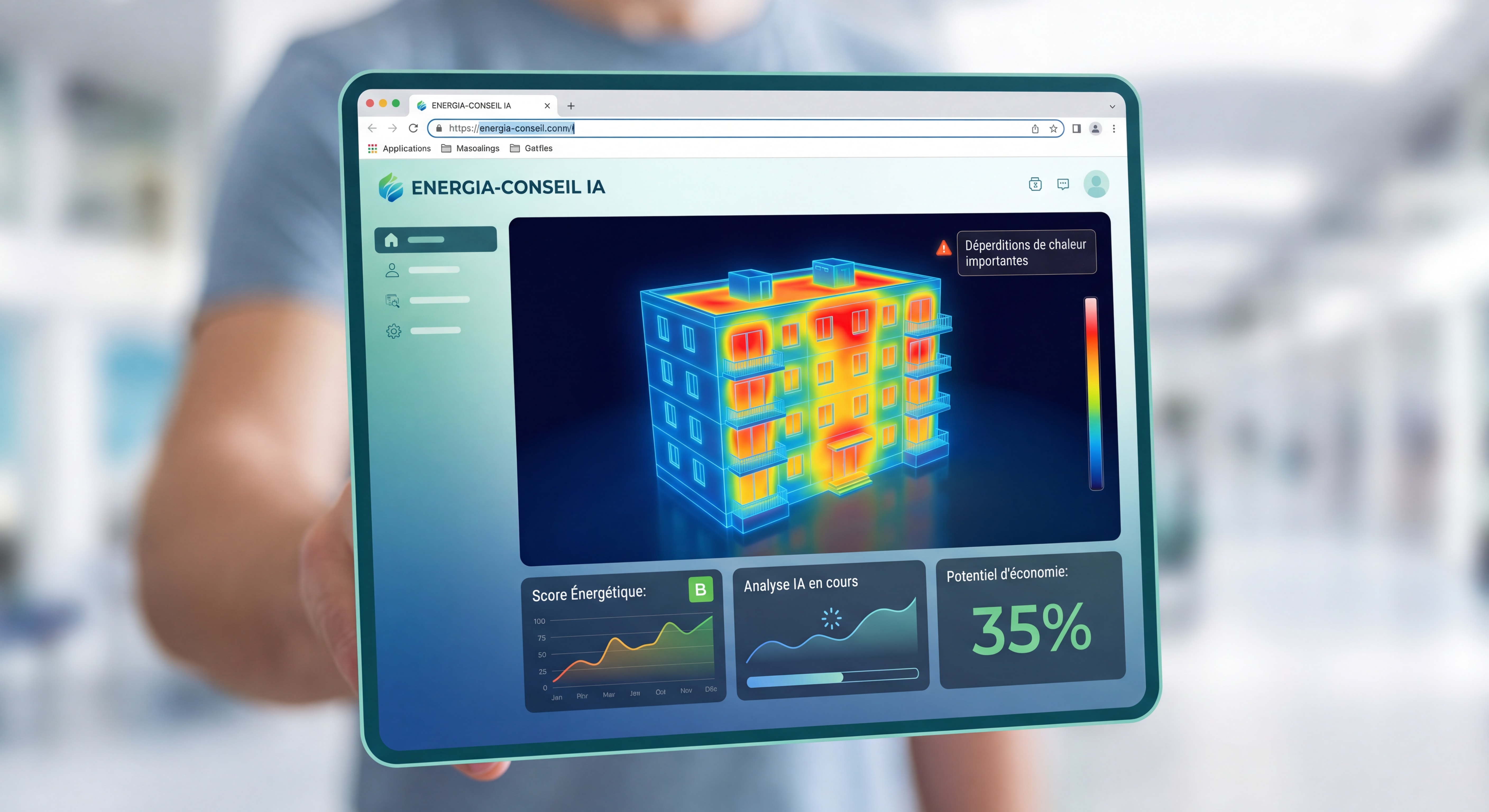 Interface de l'audit énergétique par intelligence artificielle ENERGIA-CONSEIL IA montrant la modélisation thermique 3D d'une copropriété avec cartographie des déperditions