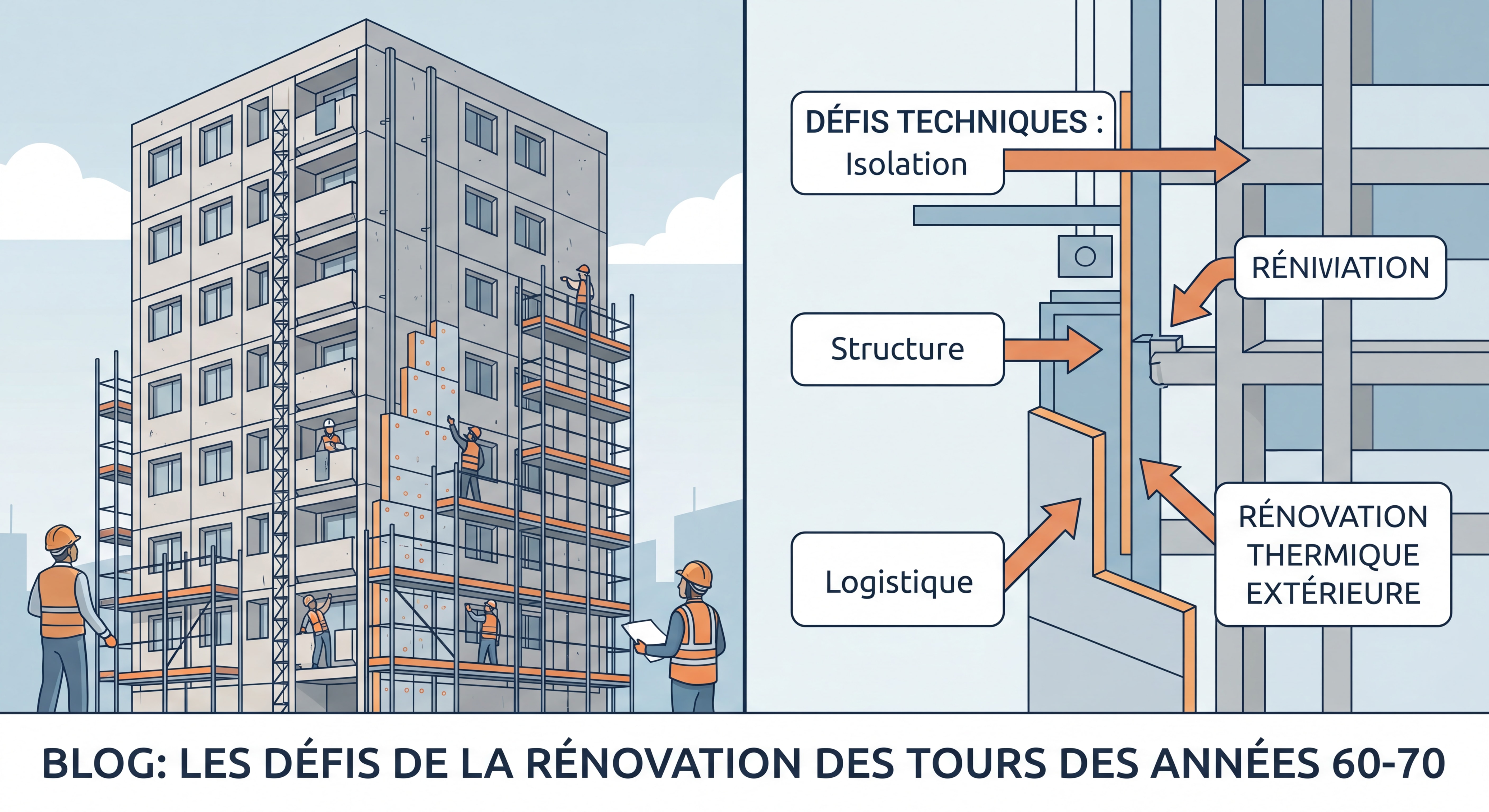 Grande tour d'habitation des années 60-70 en cours de rénovation thermique par l'extérieur avec échafaudage, illustration des défis techniques spécifiques