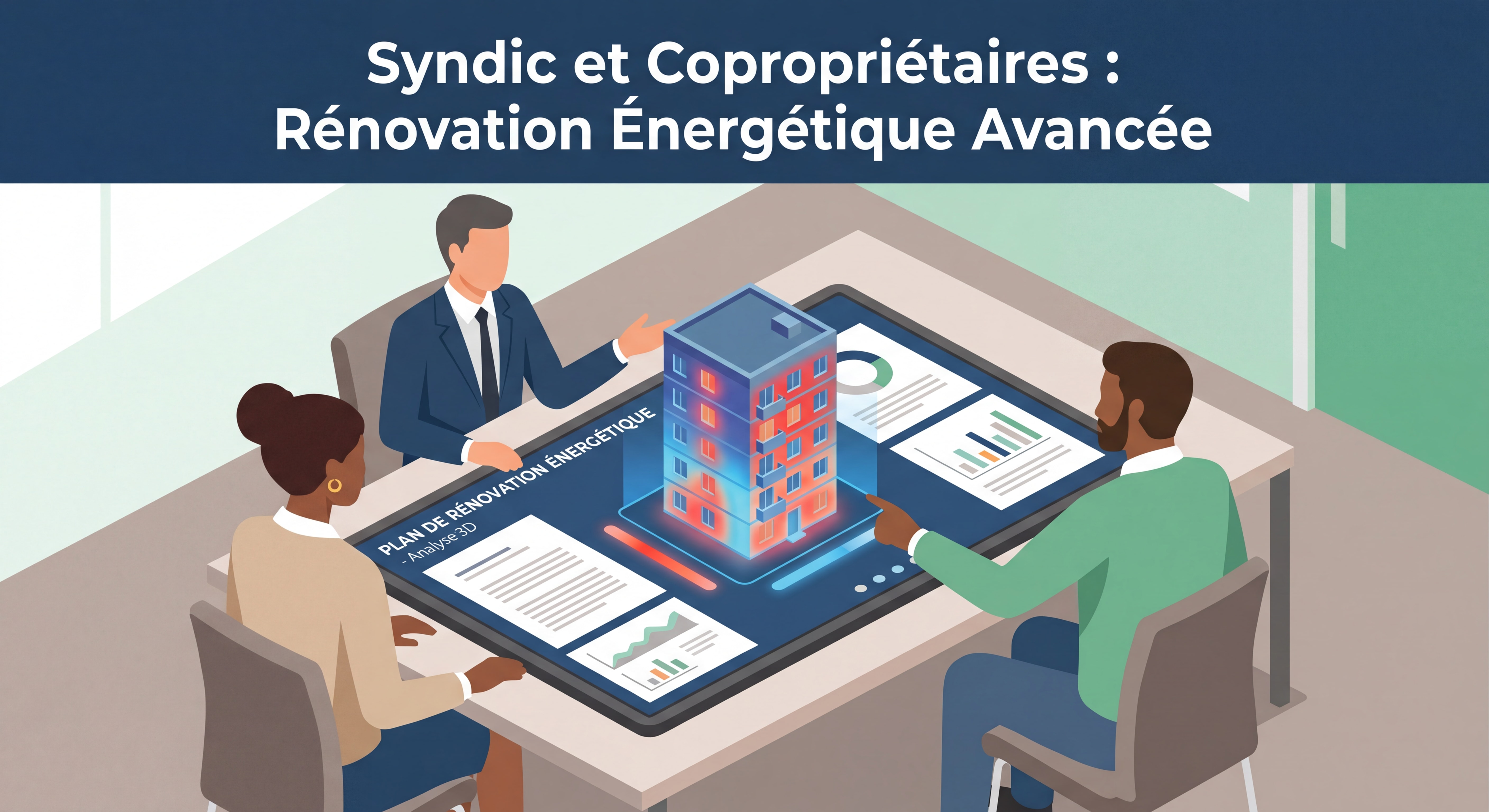 Syndic et copropriétaires analysant un plan de rénovation énergétique avancé avec modélisation thermique 3D d'un immeuble collectif