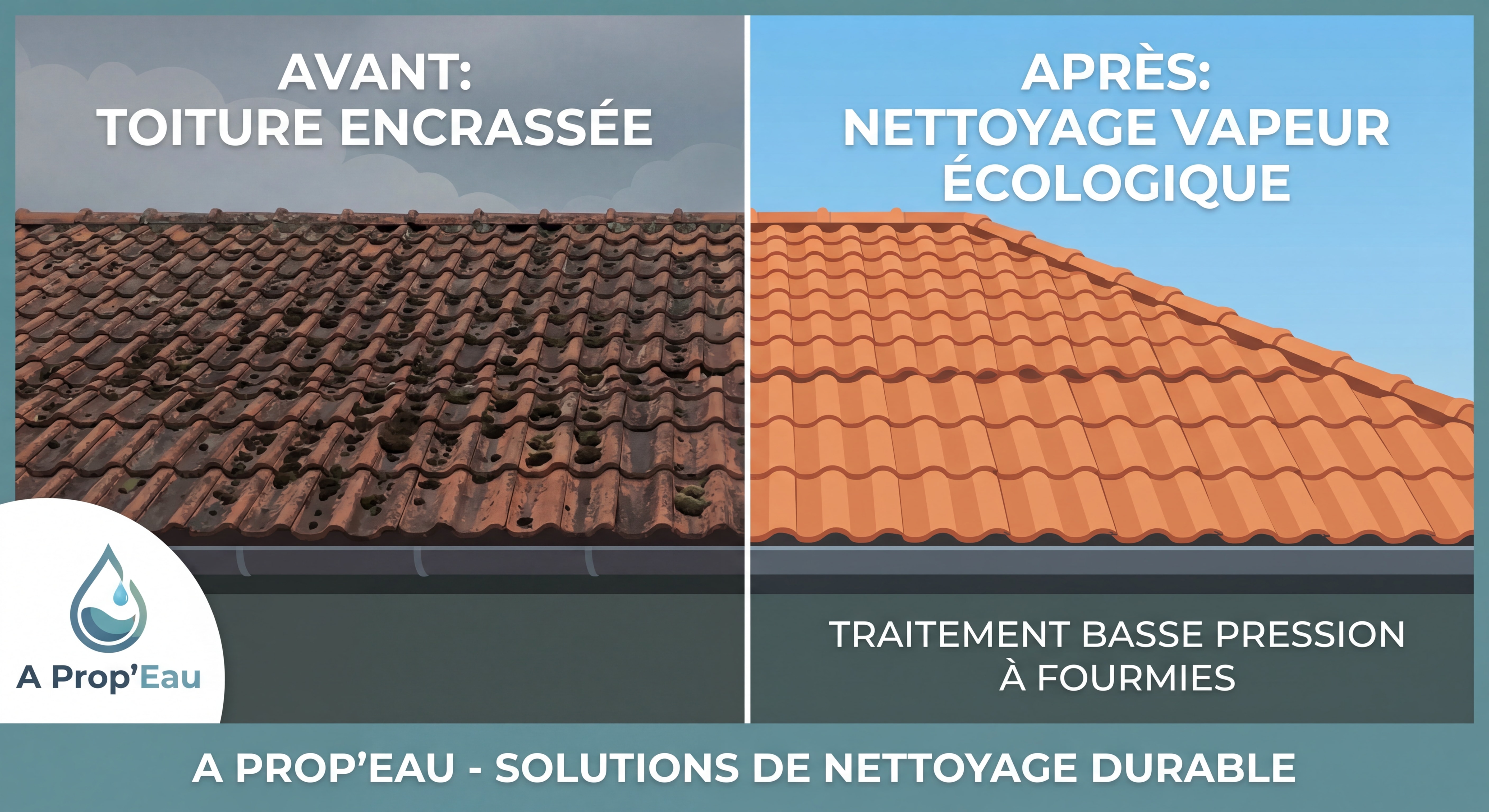 Toiture en tuiles de terre cuite nettoyée à la vapeur basse pression par A Prop'Eau à Fourmies, avant/après démoussage écologique