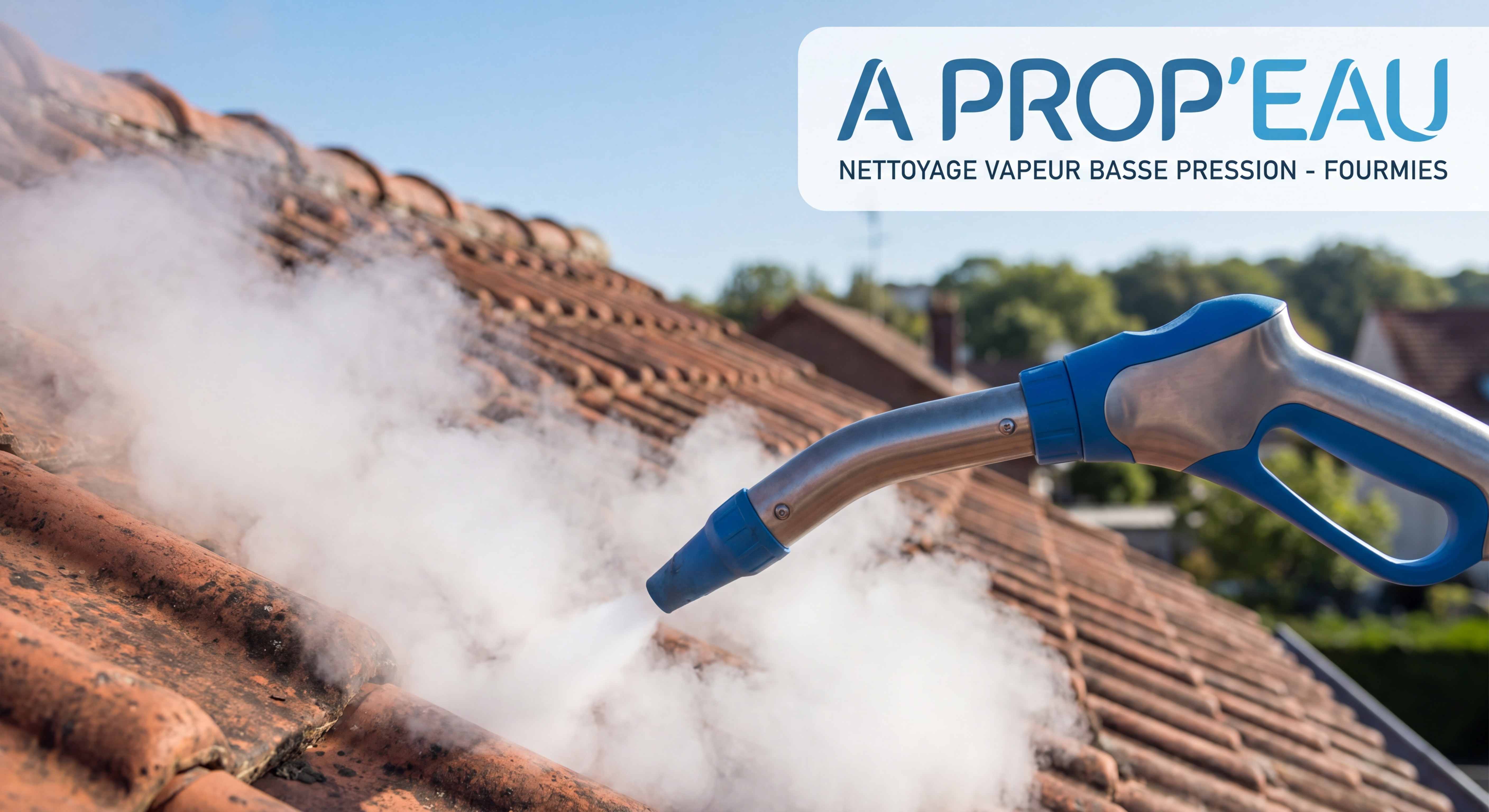 Buse de nettoyeur vapeur basse pression émettant un nuage de vapeur lors du nettoyage d'une toiture en tuiles à Fourmies - A Prop'Eau