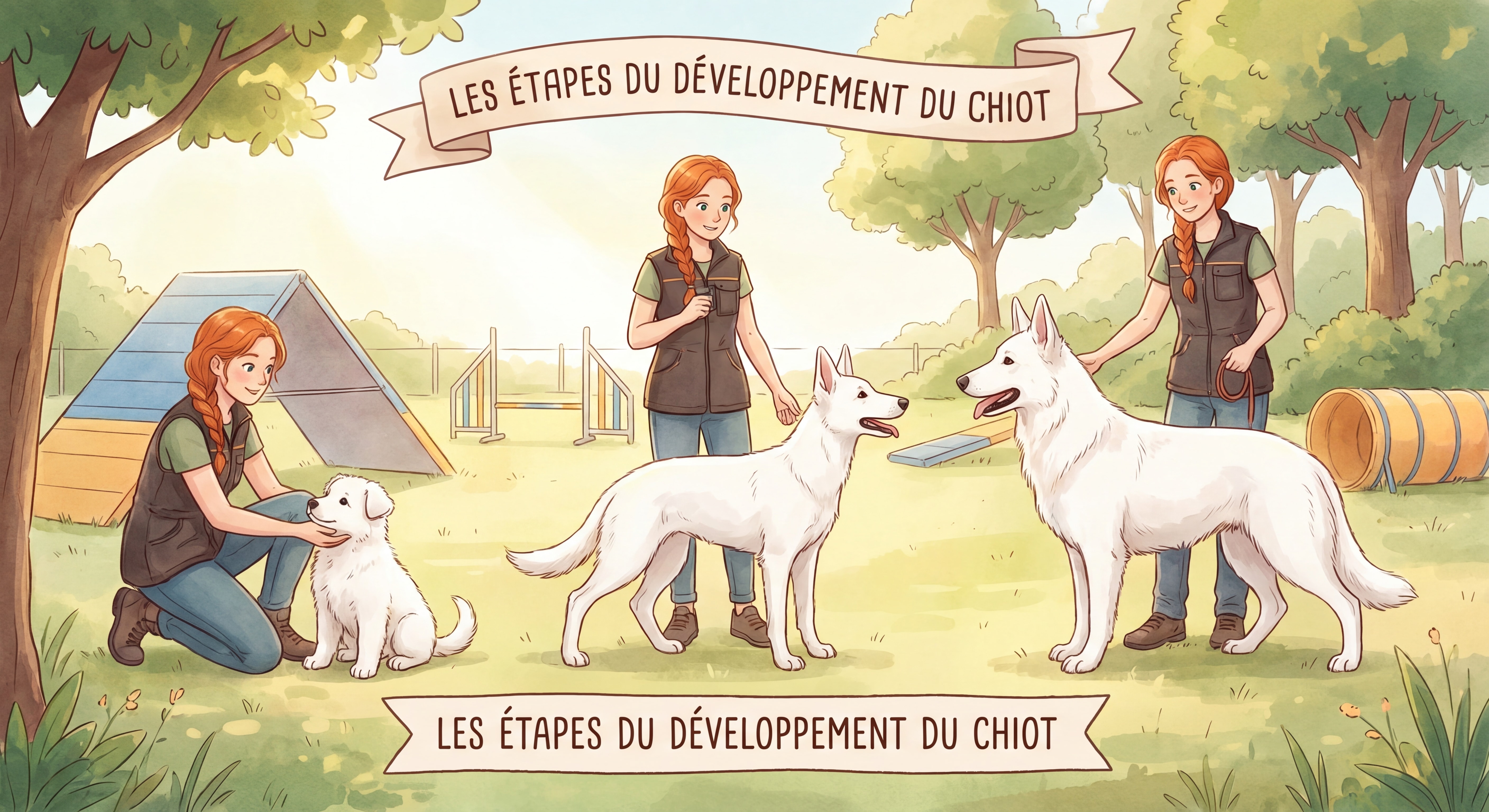 Illustration numérique artistique montrant une éducatrice canine aux cheveux roux tressés avec un berger blanc suisse à différents stades de croissance (chiot, jeune chien), dans un cadre d'éducation canine lumineux — style dessin professionnel, tons doux, légende "Les Étapes du Développement du Chiot" en français
