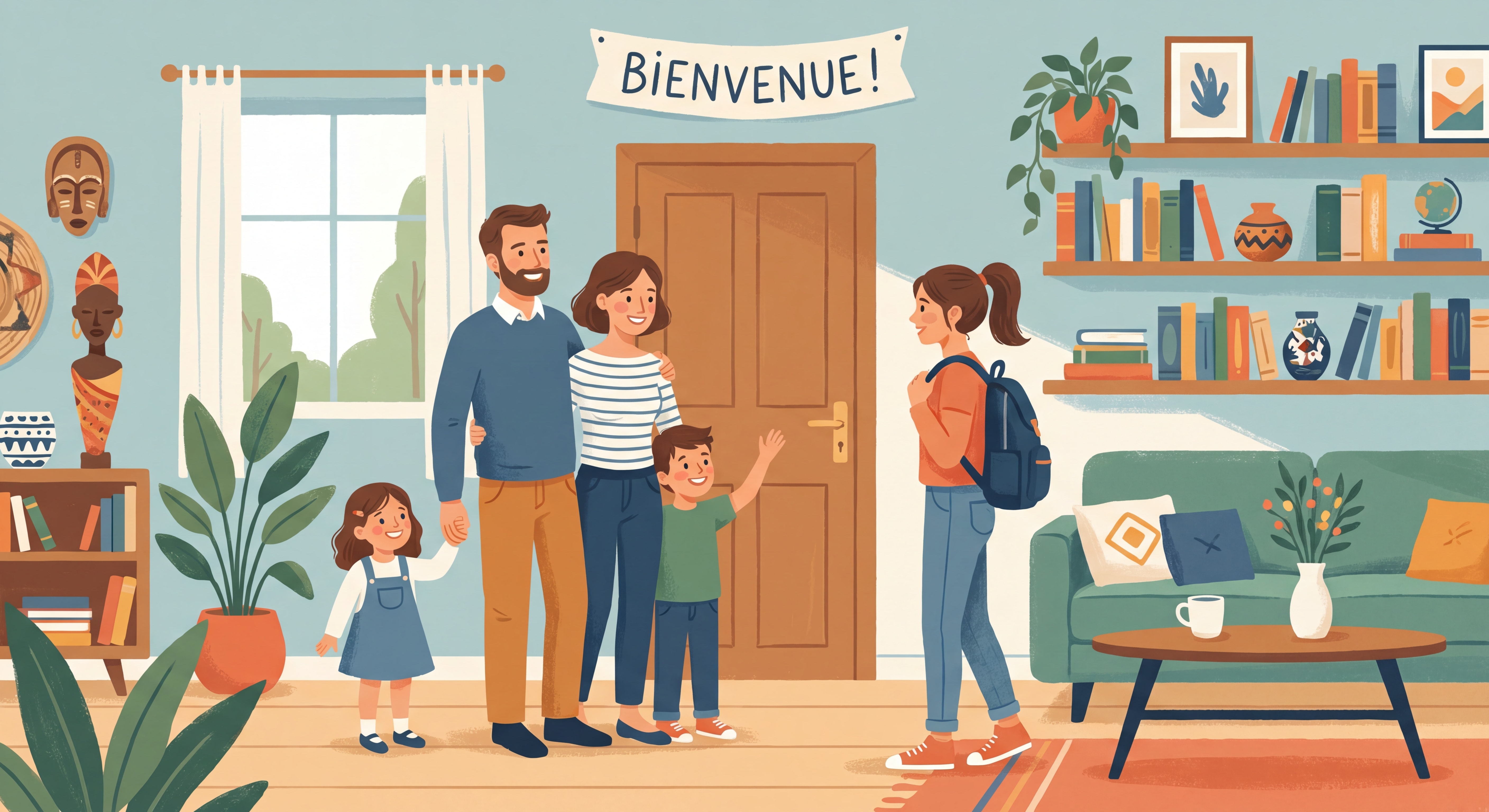 Famille d'accueil française accueillant chaleureusement une jeune au pair dans leur foyer, ambiance conviviale et multiculturelle