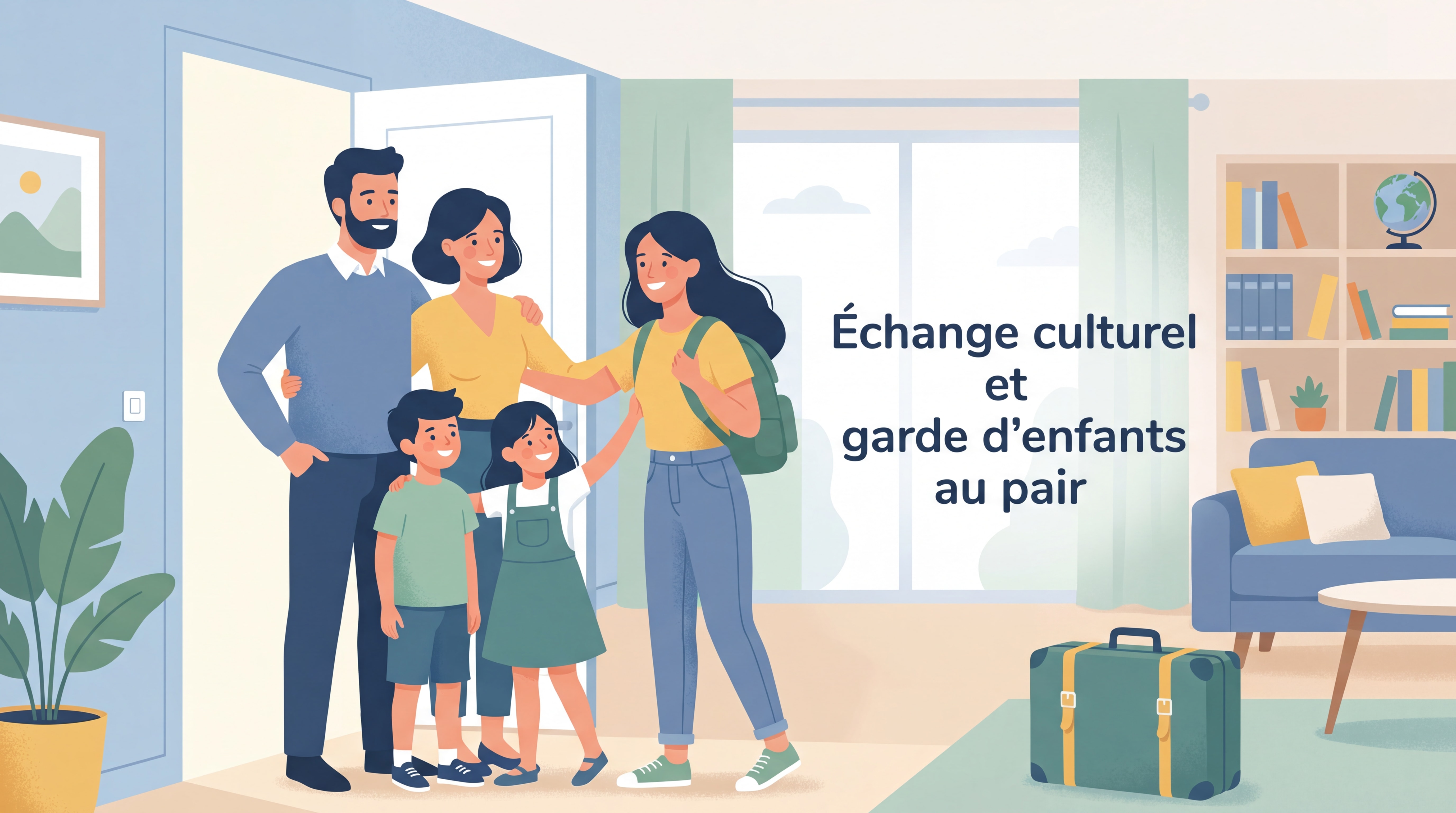 Famille française chaleureuse accueillant une jeune au pair à domicile, échange culturel et garde d'enfants au pair