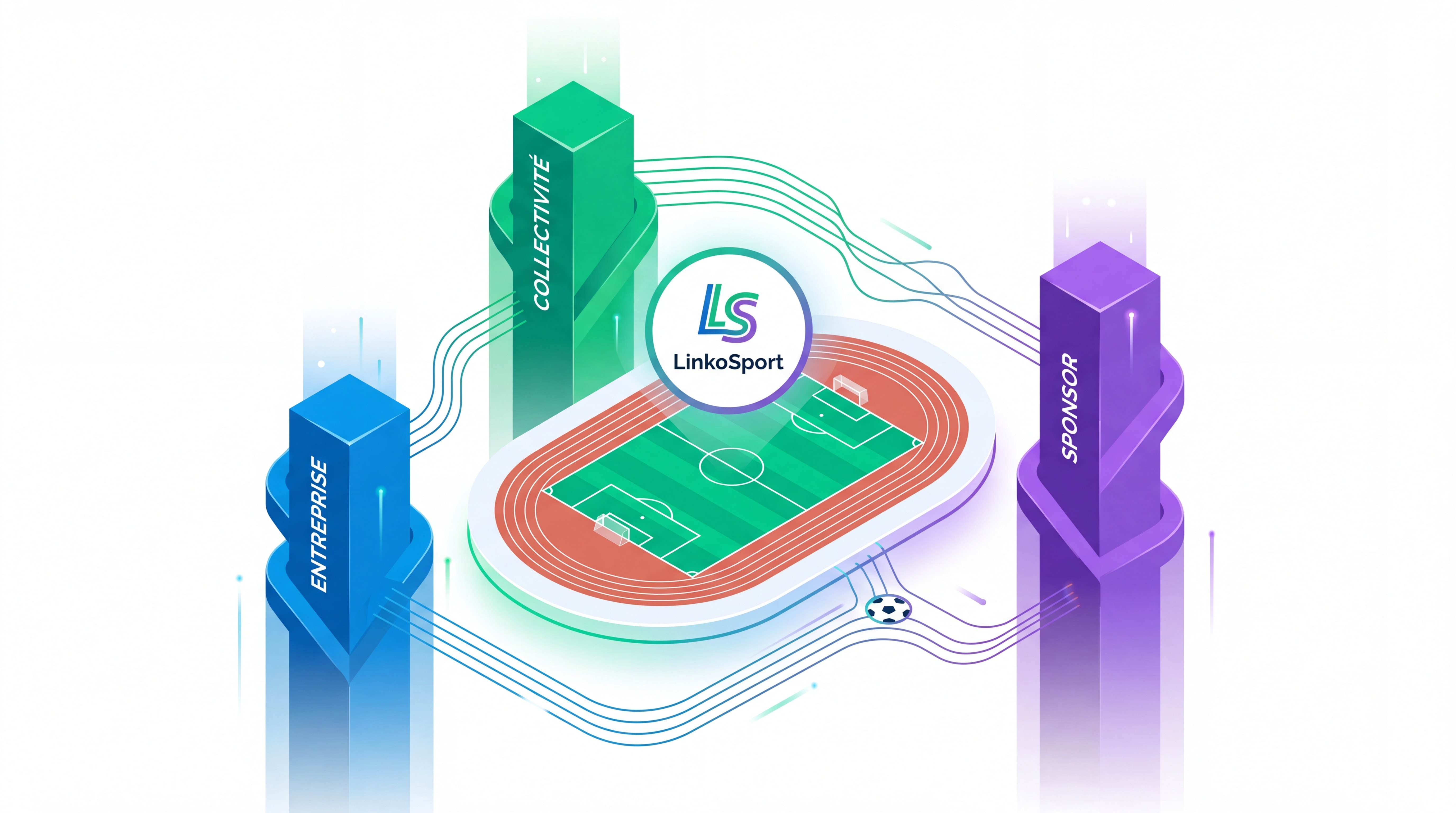 Illustration symbolisant trois piliers interconnectés — entreprise, collectivité et sponsor — autour d'un terrain de sport, représentant l'écosystème LinkoSport