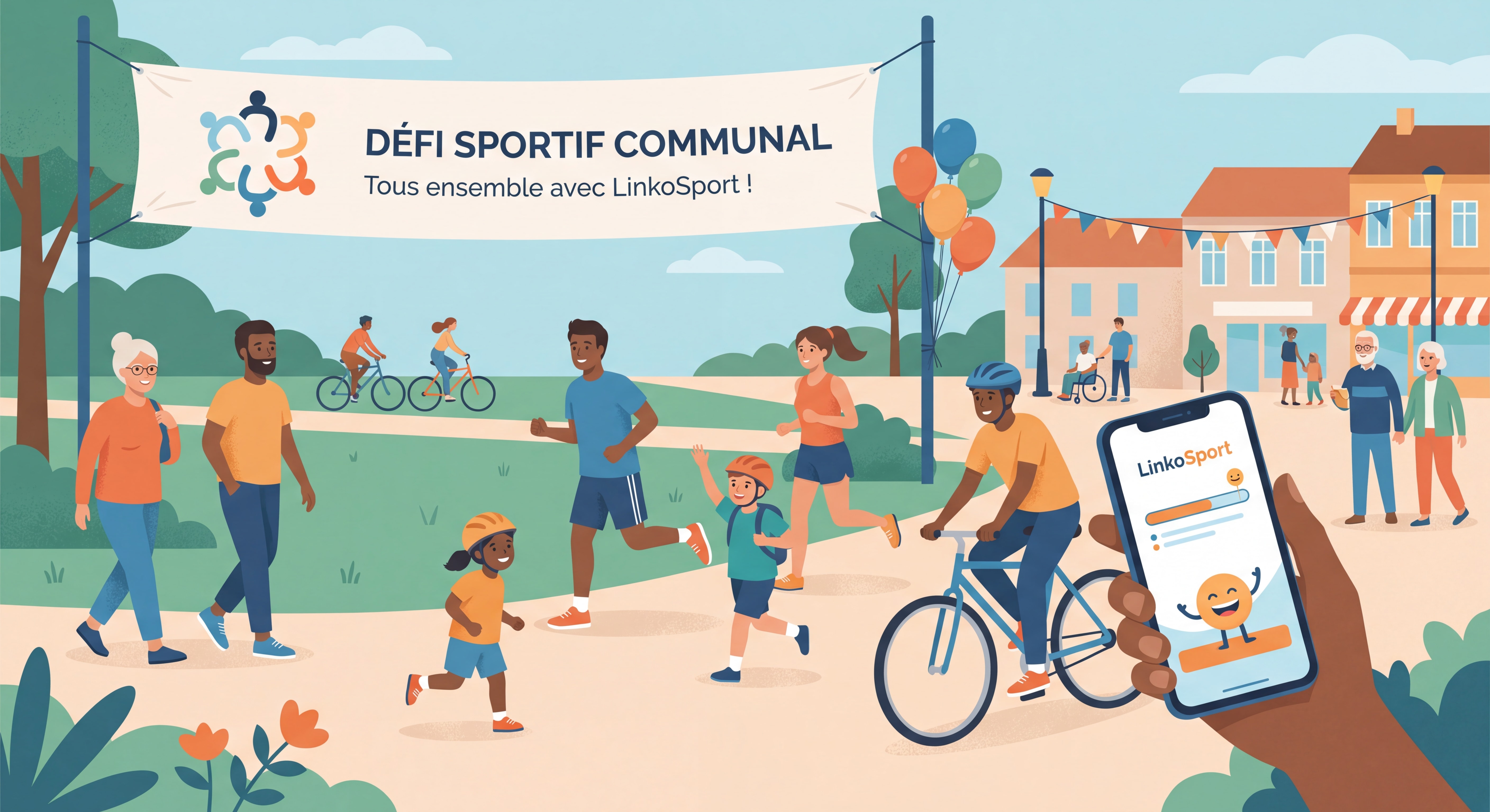 Habitants d'une commune participant à un défi sportif collectif organisé par leur mairie via la plateforme LinkoSport, ambiance festive et inclusive