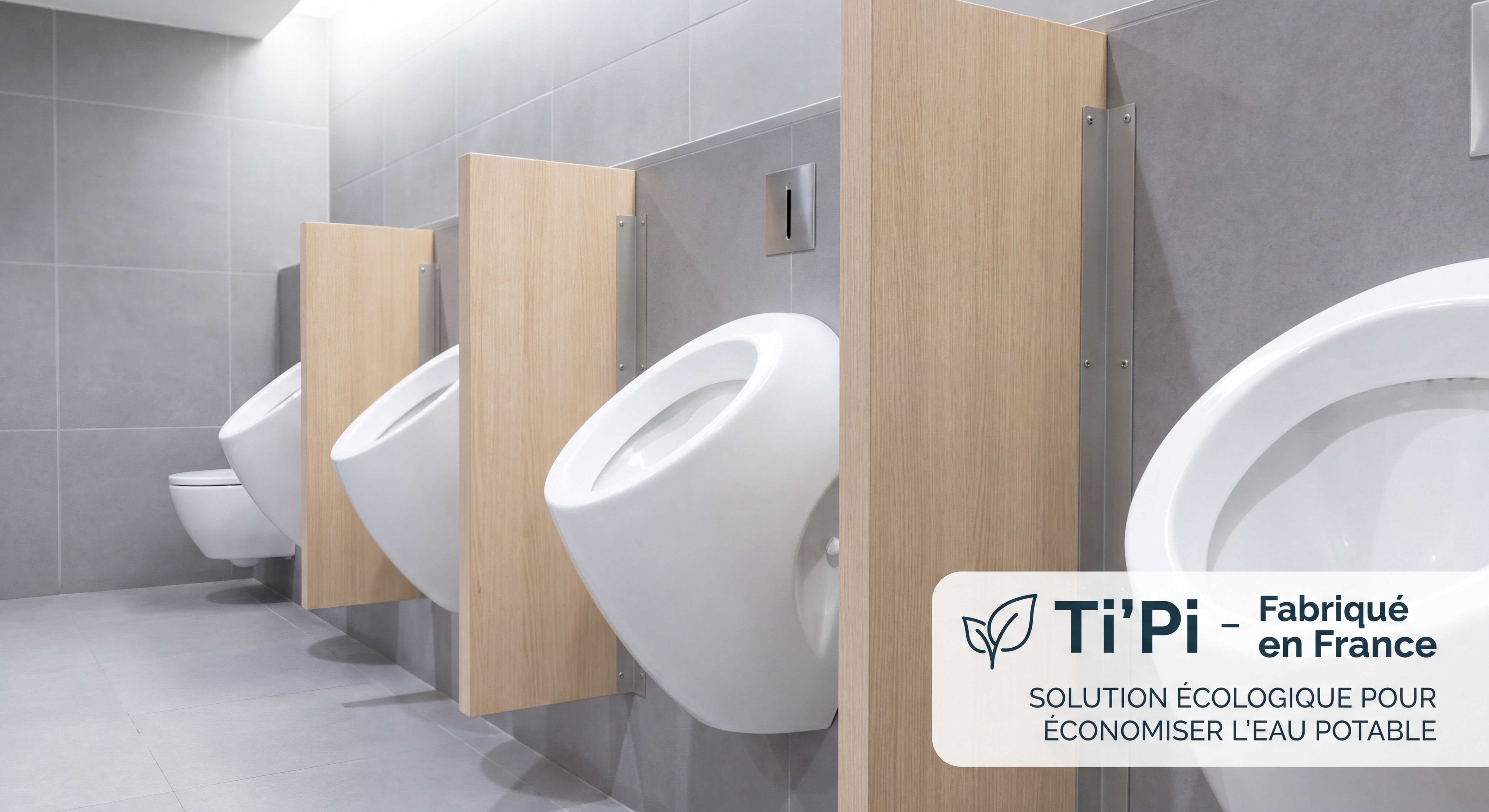 Urinoir sans eau Ti'Pi installé dans des sanitaires collectifs modernes — solution écologique fabriquée en France pour économiser l'eau potable