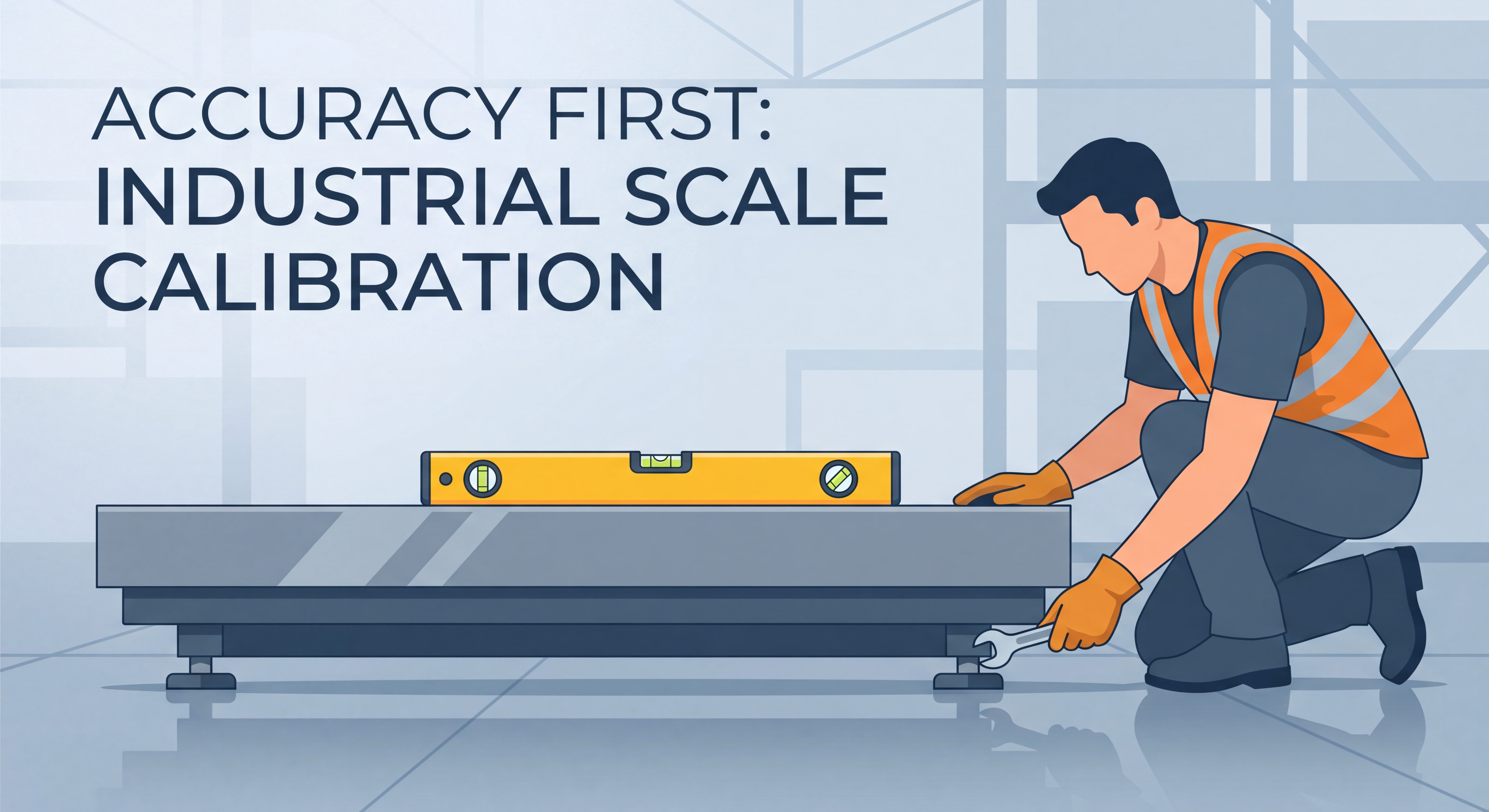 Technicien réglant les pieds d'une bascule industrielle au sol avec niveau à bulle