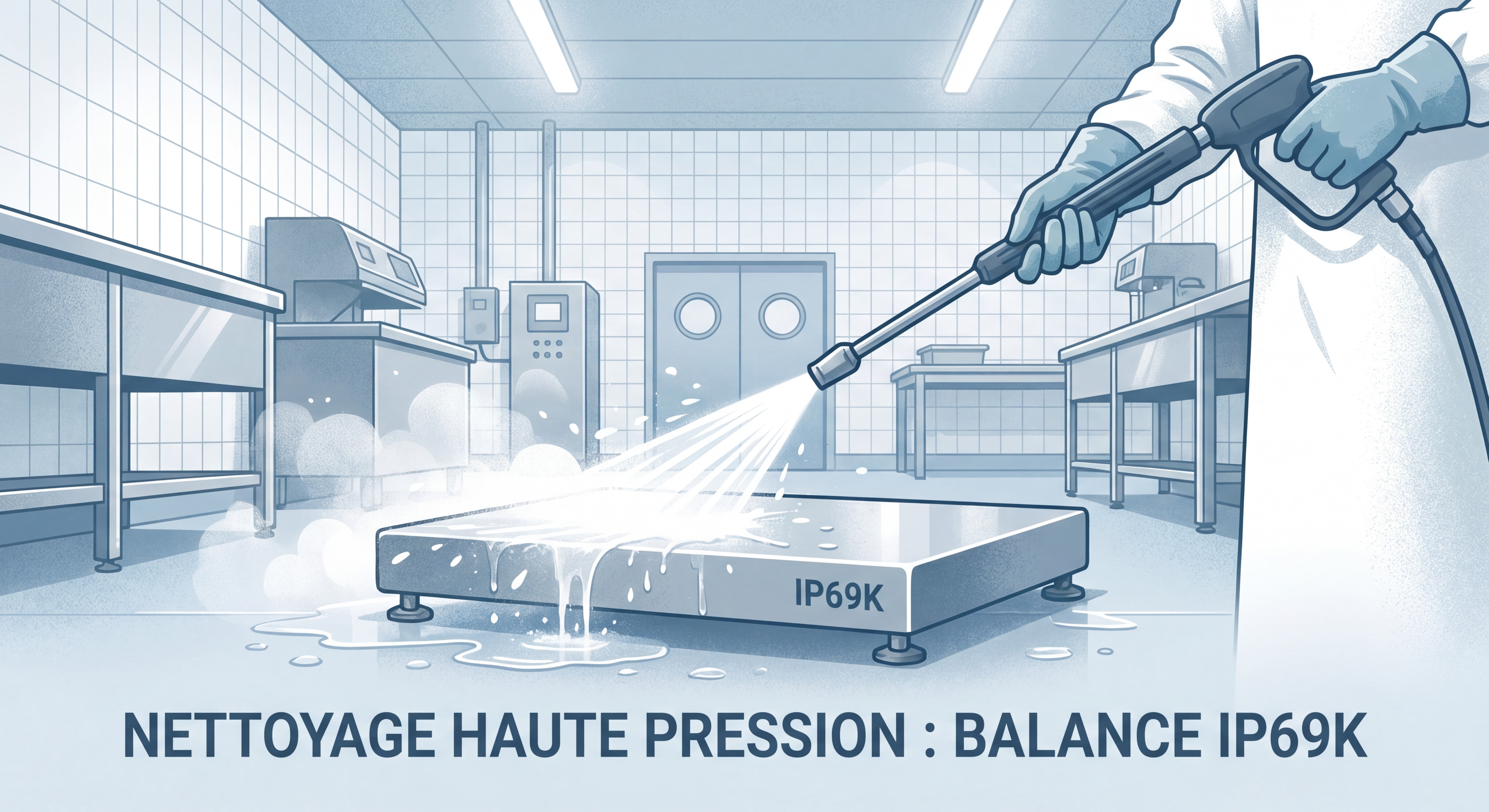 Nettoyage d'une balance étanche inox IP69K au jet haute pression en environnement agroalimentaire