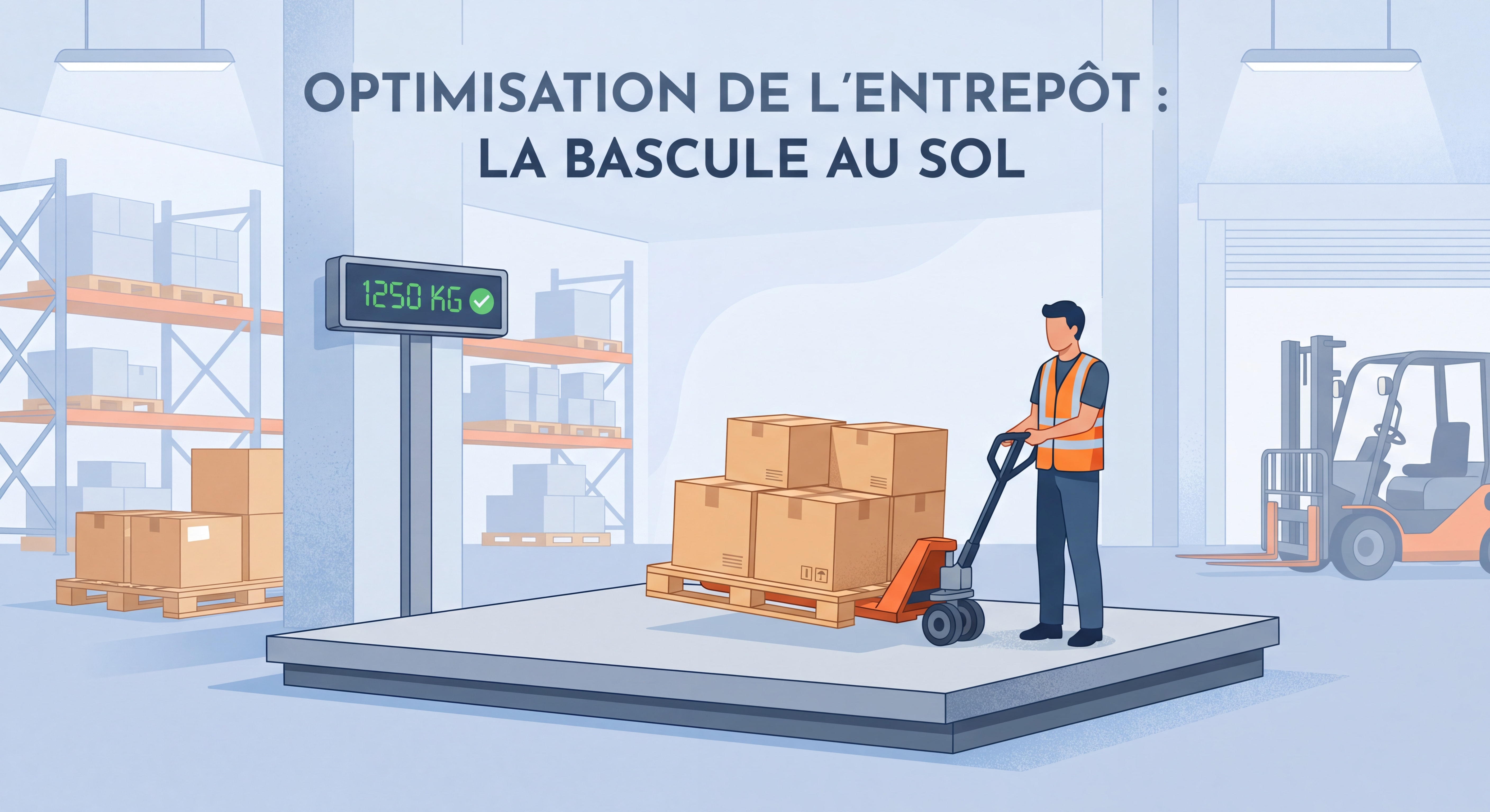 Bascule industrielle au sol avec chargement de palette par transpalette en entrepôt logistique