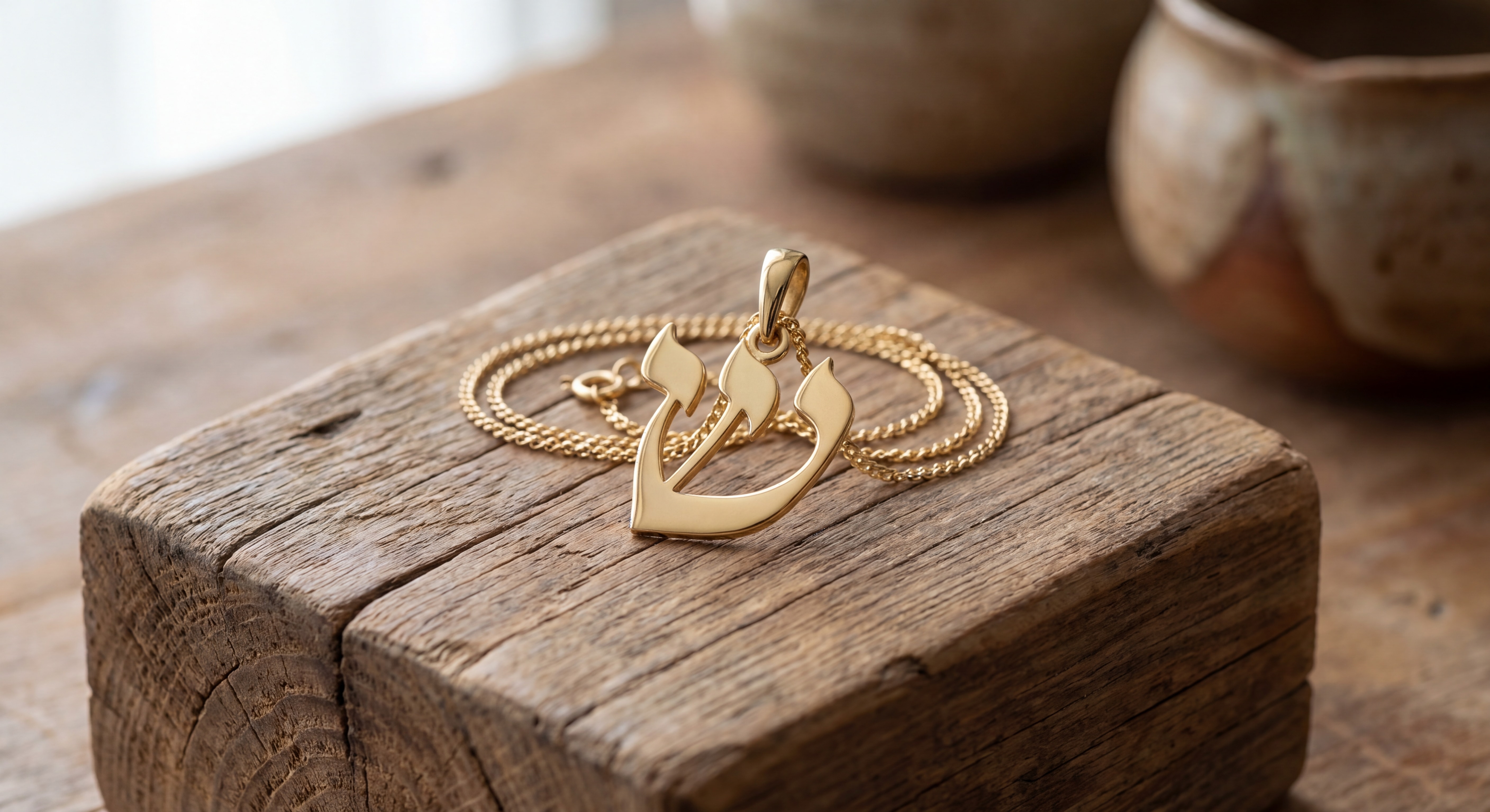 Pendentif Kalligraphe Aaron Kali en or 18k jaune avec lettre hébraïque, posé sur une surface en bois brut, lumière naturelle douce