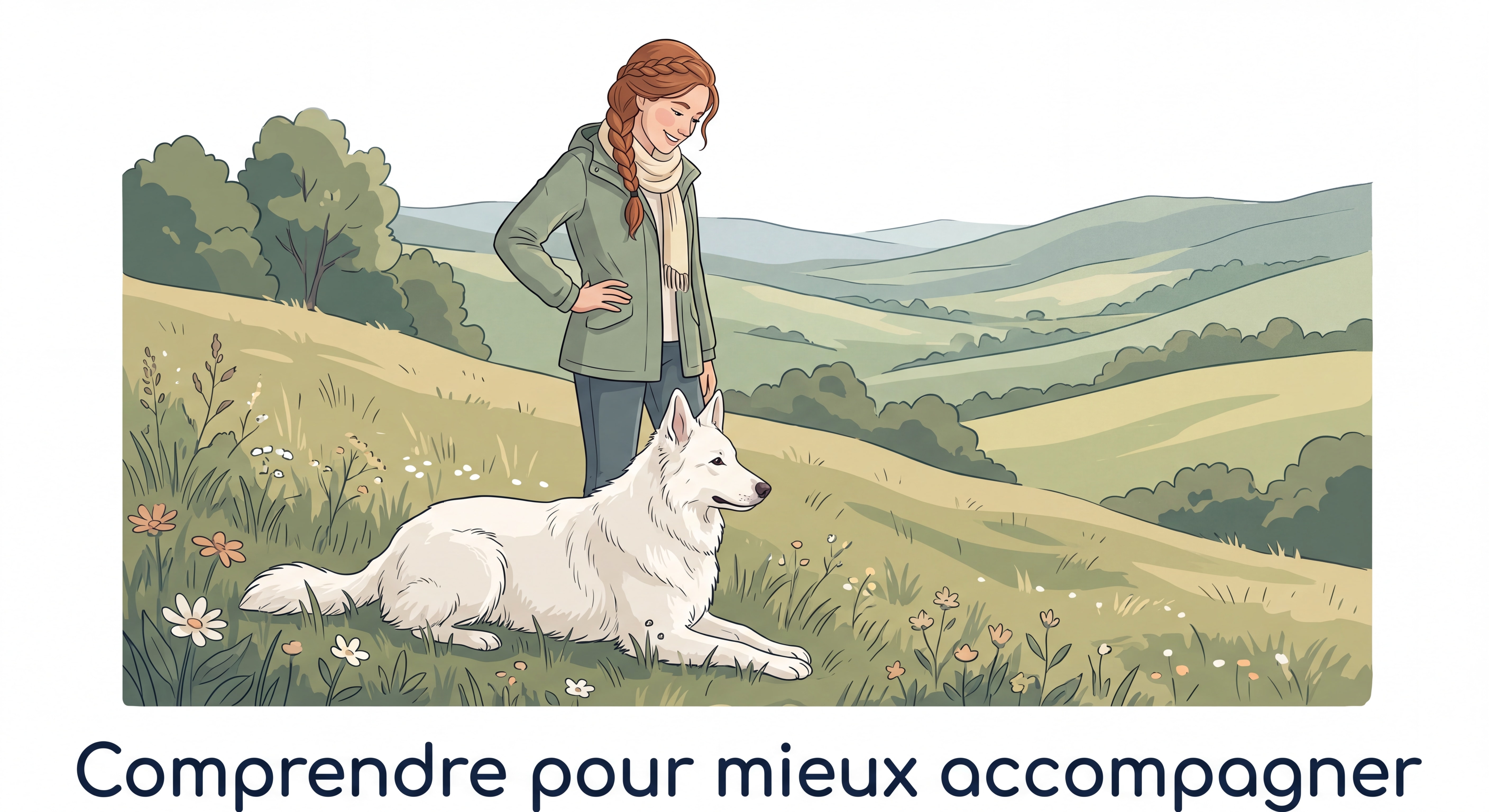 Illustration numérique artistique d'une femme aux cheveux roux en tresse observant avec bienveillance un berger blanc suisse en position calme, dans un cadre naturel verdoyant — style dessin numérique aux traits nets et palette de couleurs douces, texte "Comprendre pour mieux accompagner" en français