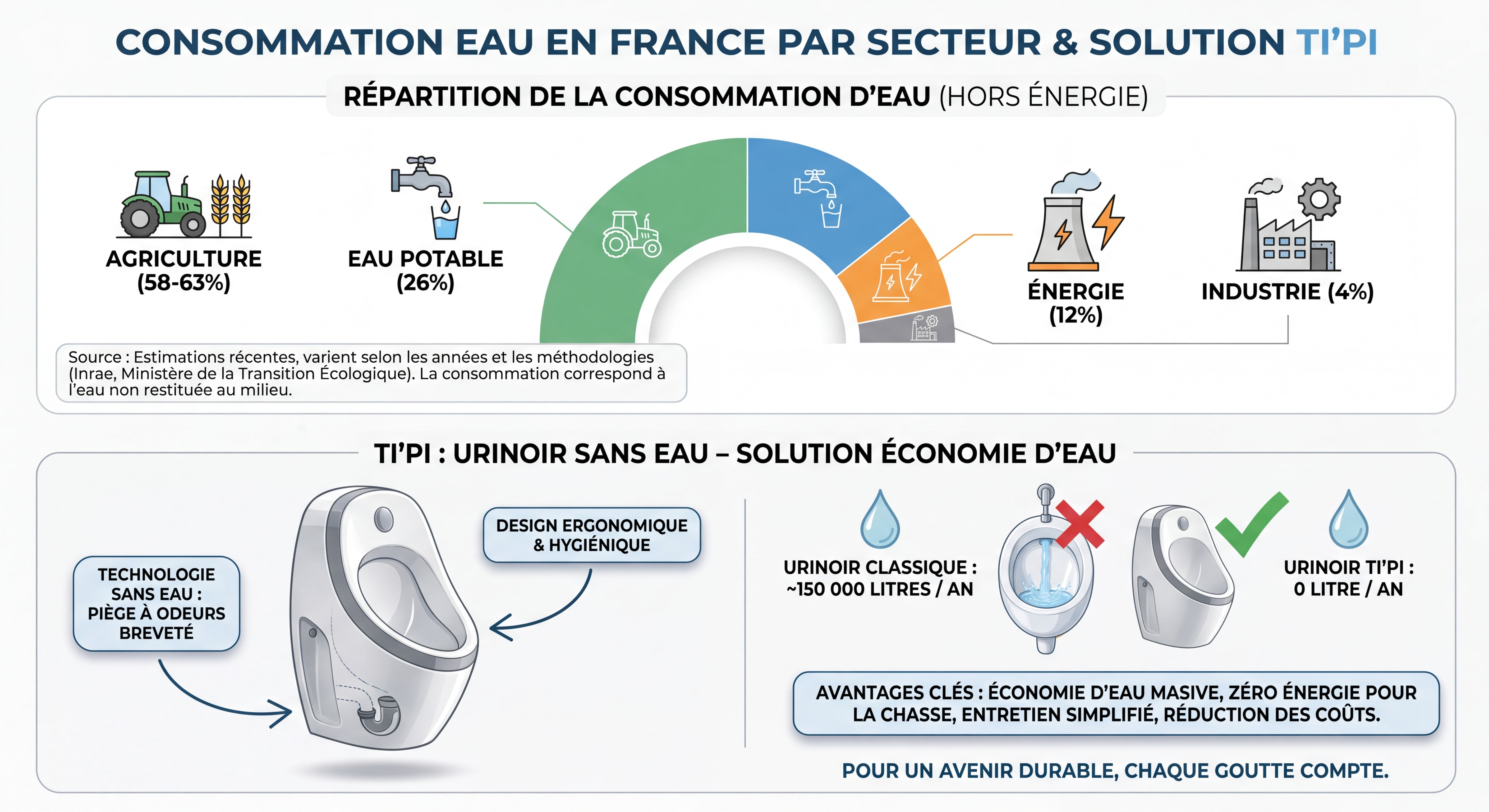 Infographie consommation eau en France par secteur — agriculture, eau potable, énergie, industrie — urinoir sans eau Ti'Pi